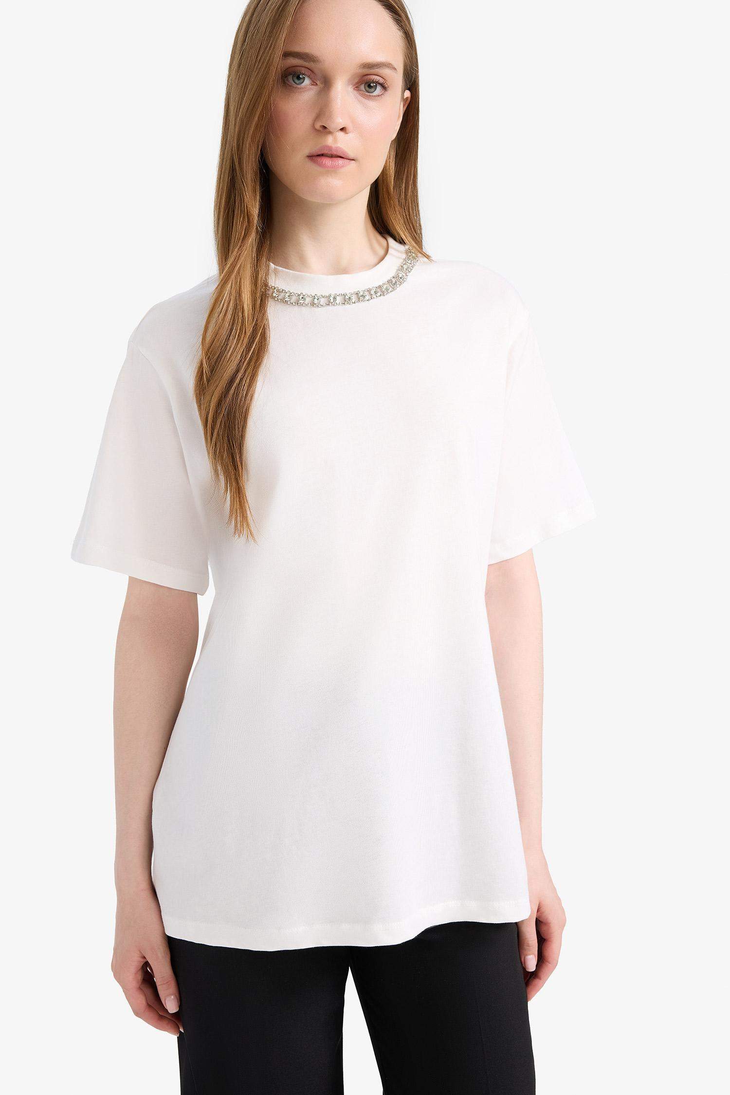 تيشيرت طويل قصة عادية بياخة مستديرة