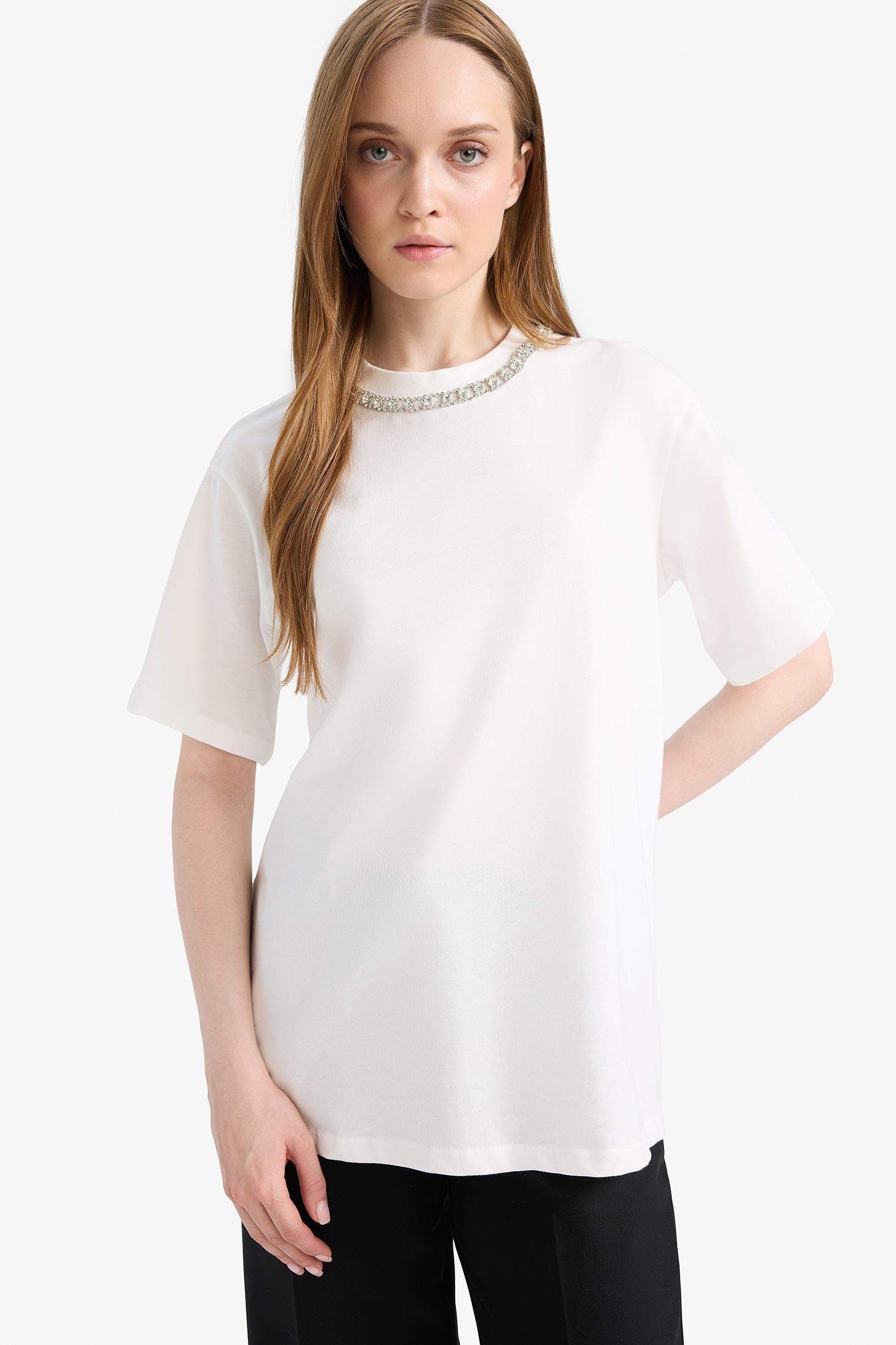 تيشيرت طويل قصة عادية بياخة مستديرة