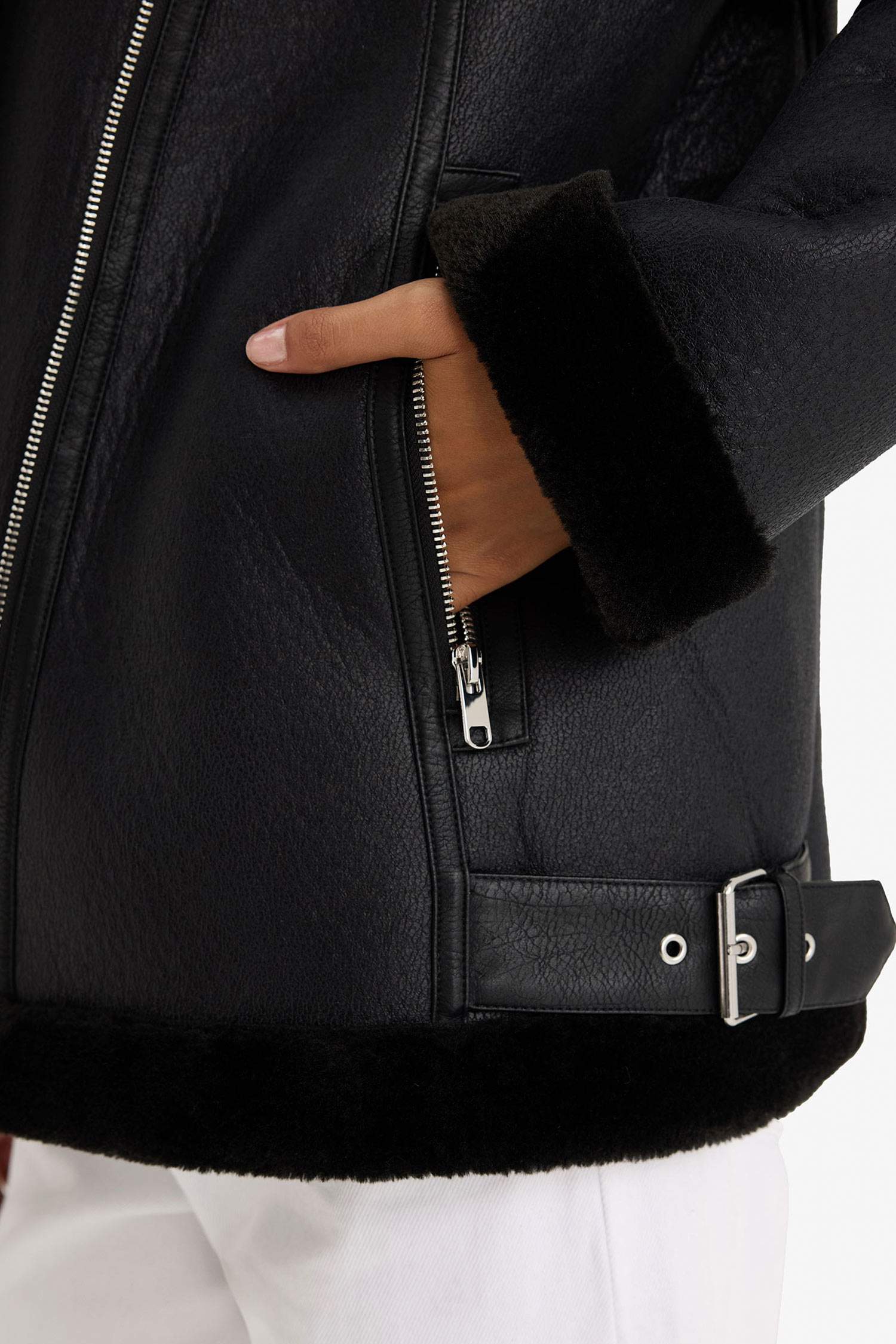 Regular Fit Lined Zippered Faux Leather Jacket