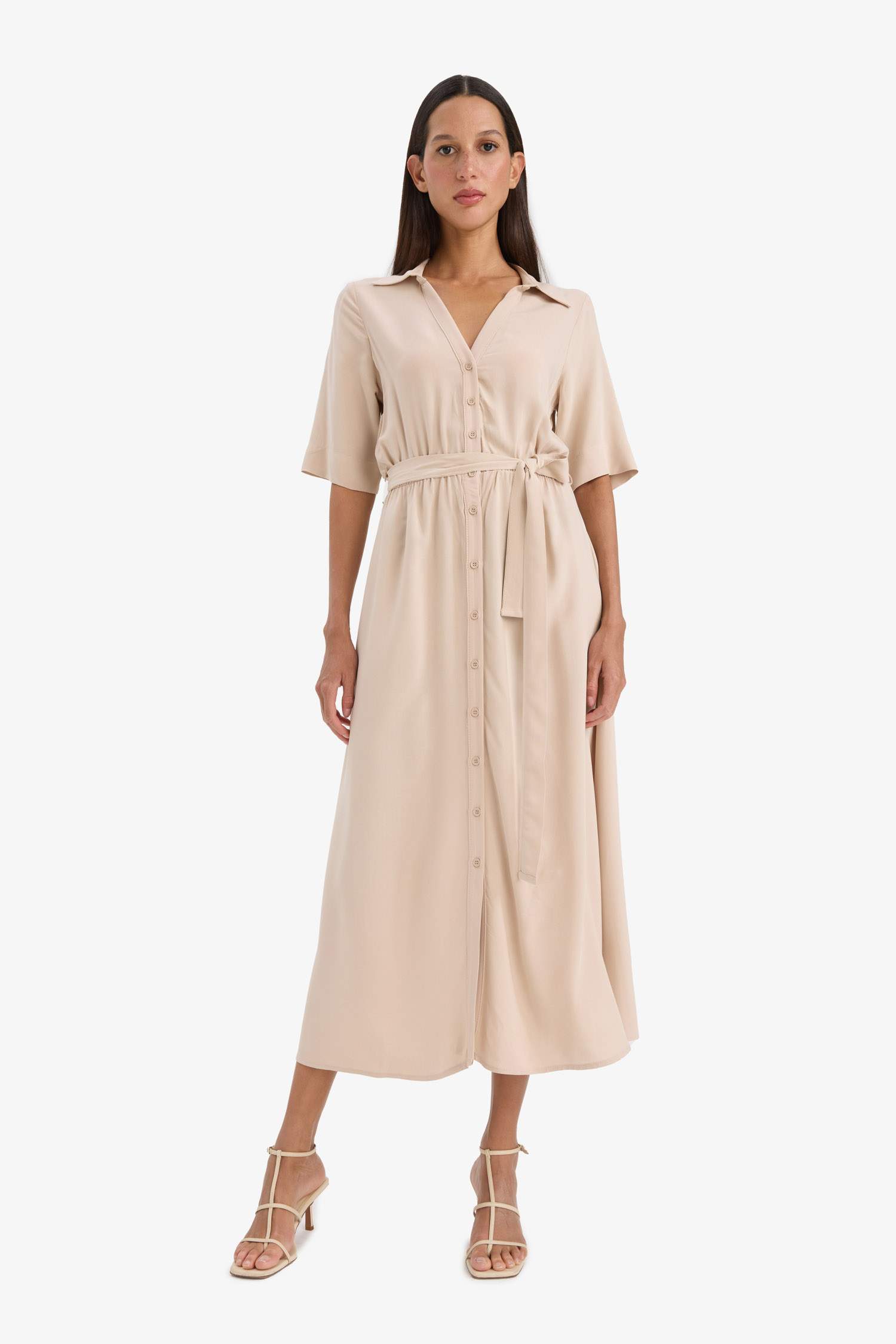 Shirt Collar Belted Short Sleeve Midi Dress