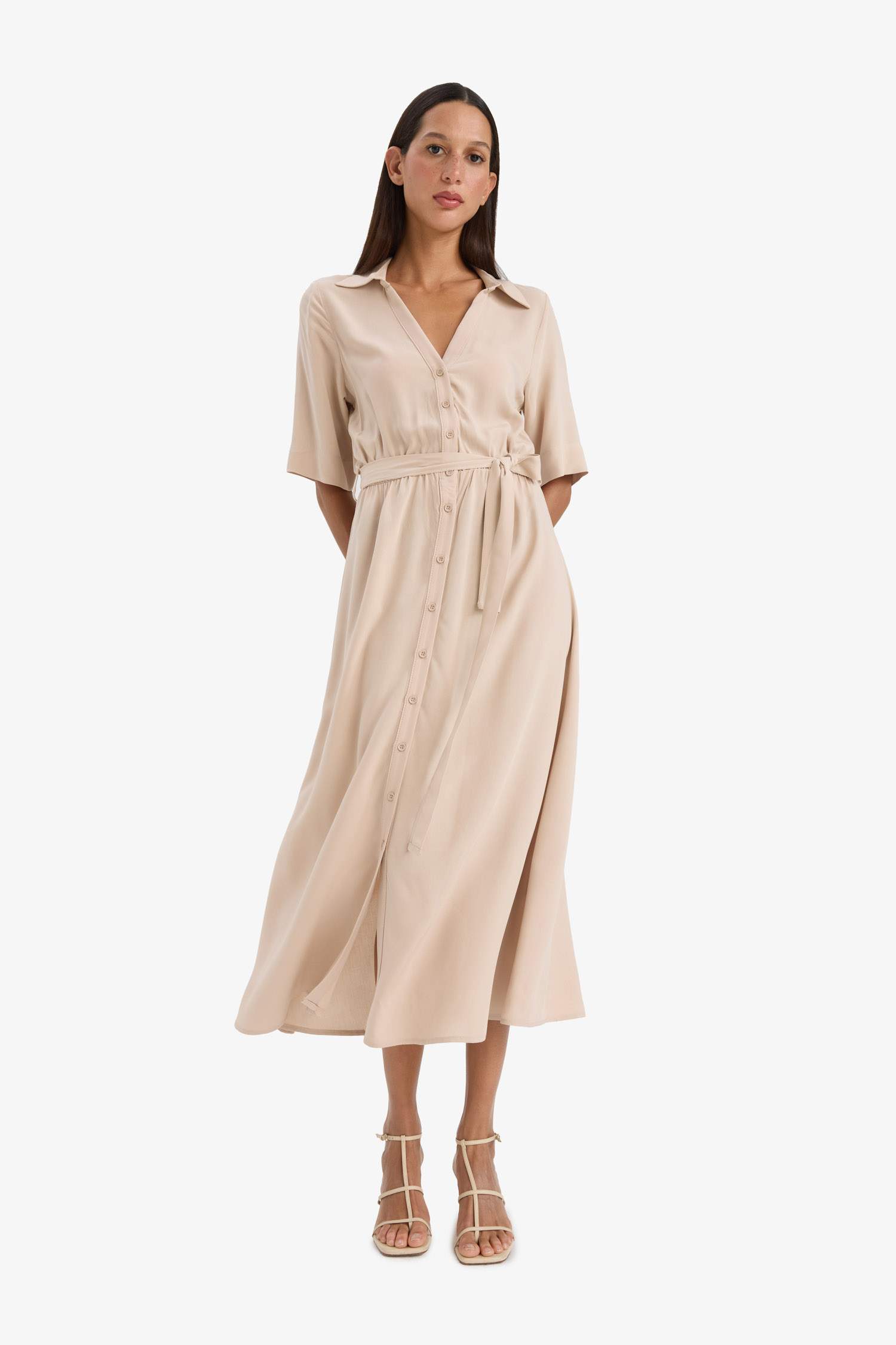 Shirt Collar Belted Short Sleeve Midi Dress