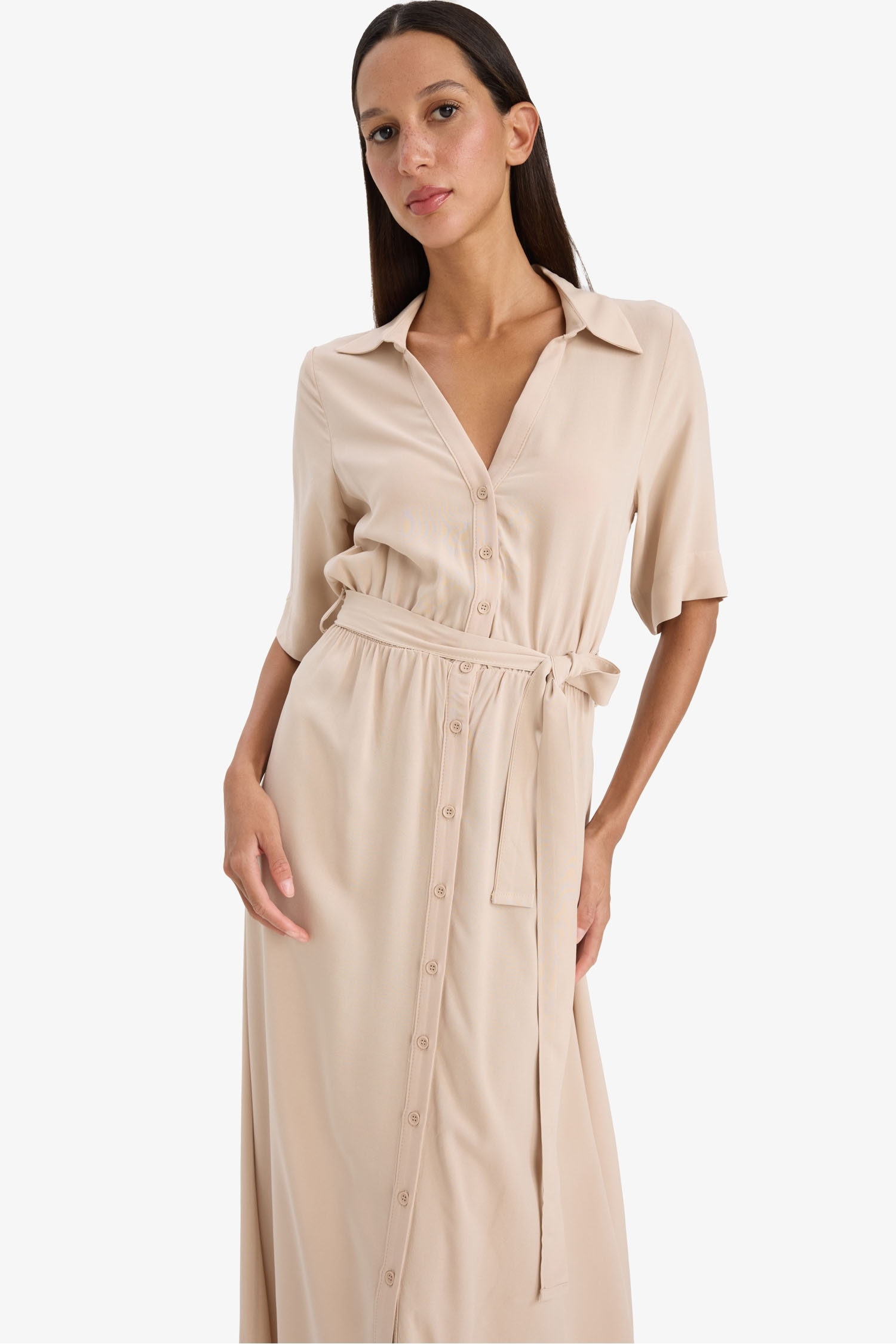 Shirt Collar Belted Short Sleeve Midi Dress