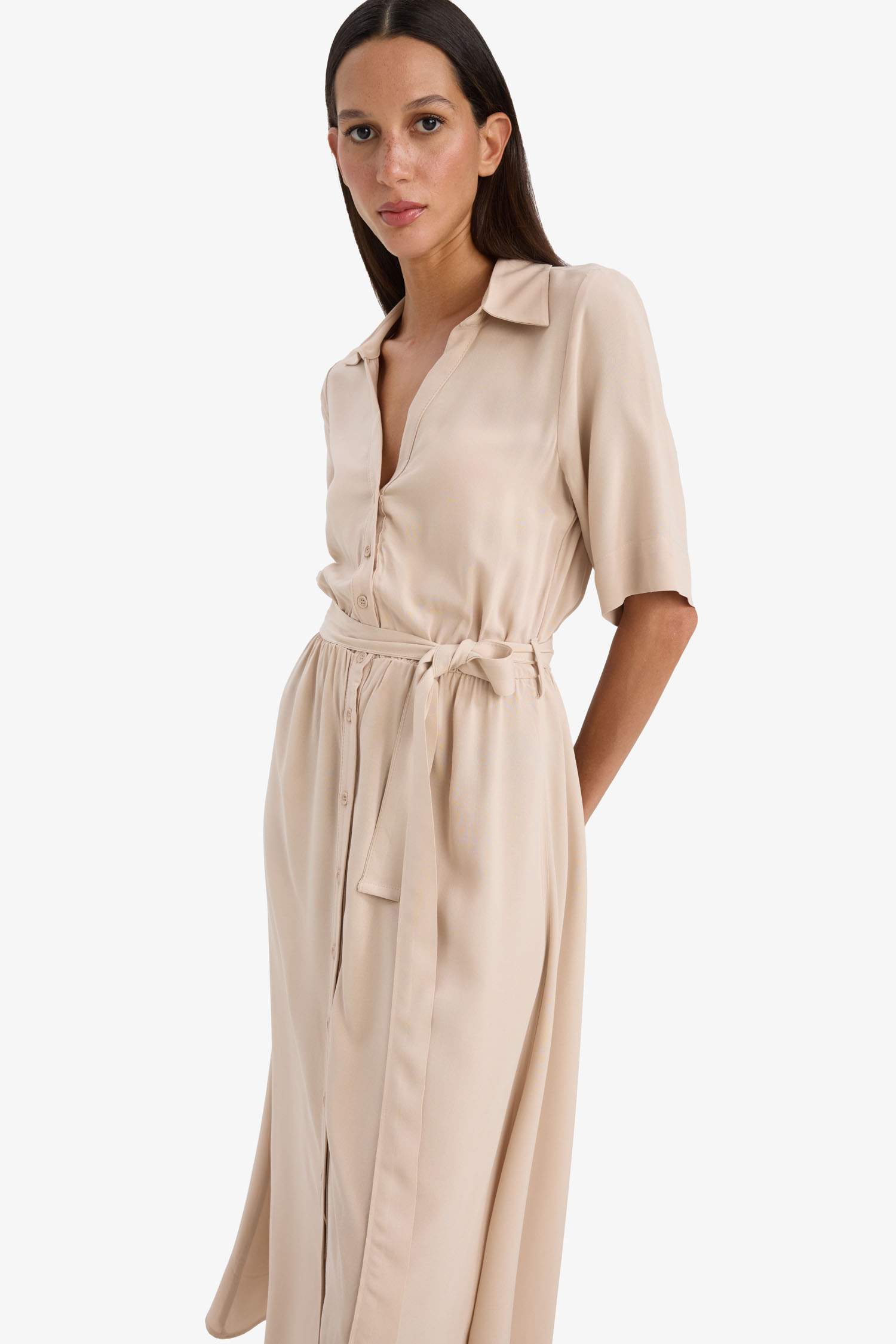 Shirt Collar Belted Short Sleeve Midi Dress