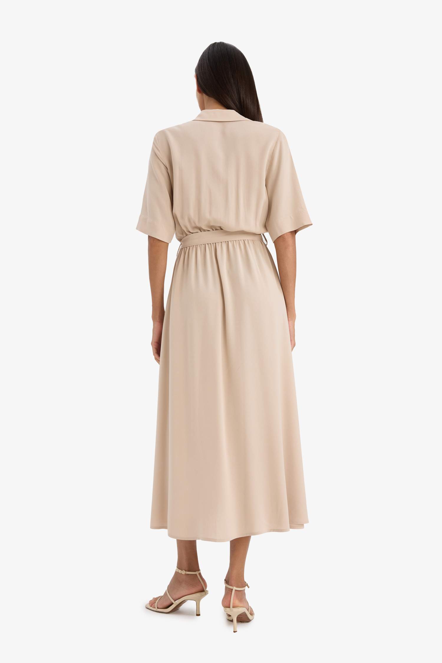 Shirt Collar Belted Short Sleeve Midi Dress