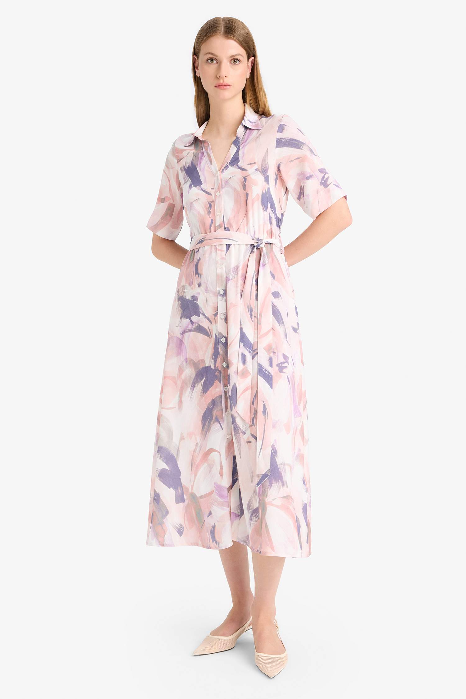 فستان ميدي تاي داي نص كم بحزام وياقة قميص