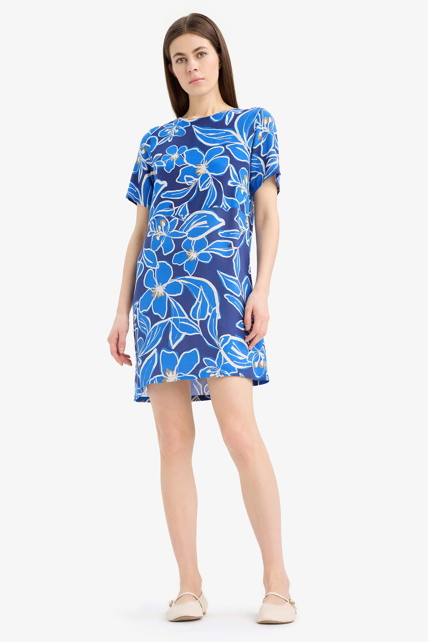 Crew Neck Floral Patterned Short Sleeve Mini Dress