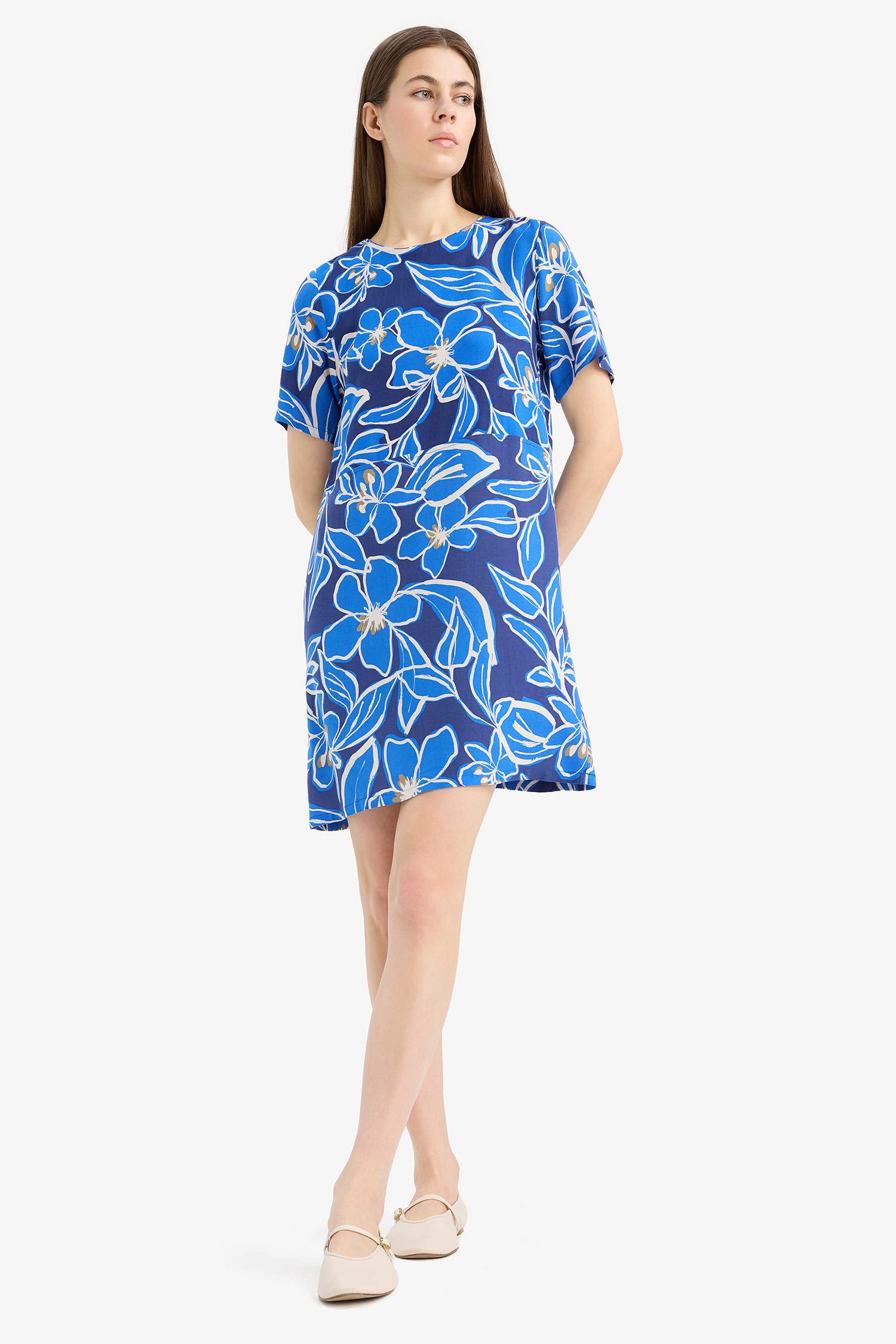 Crew Neck Floral Patterned Short Sleeve Mini Dress