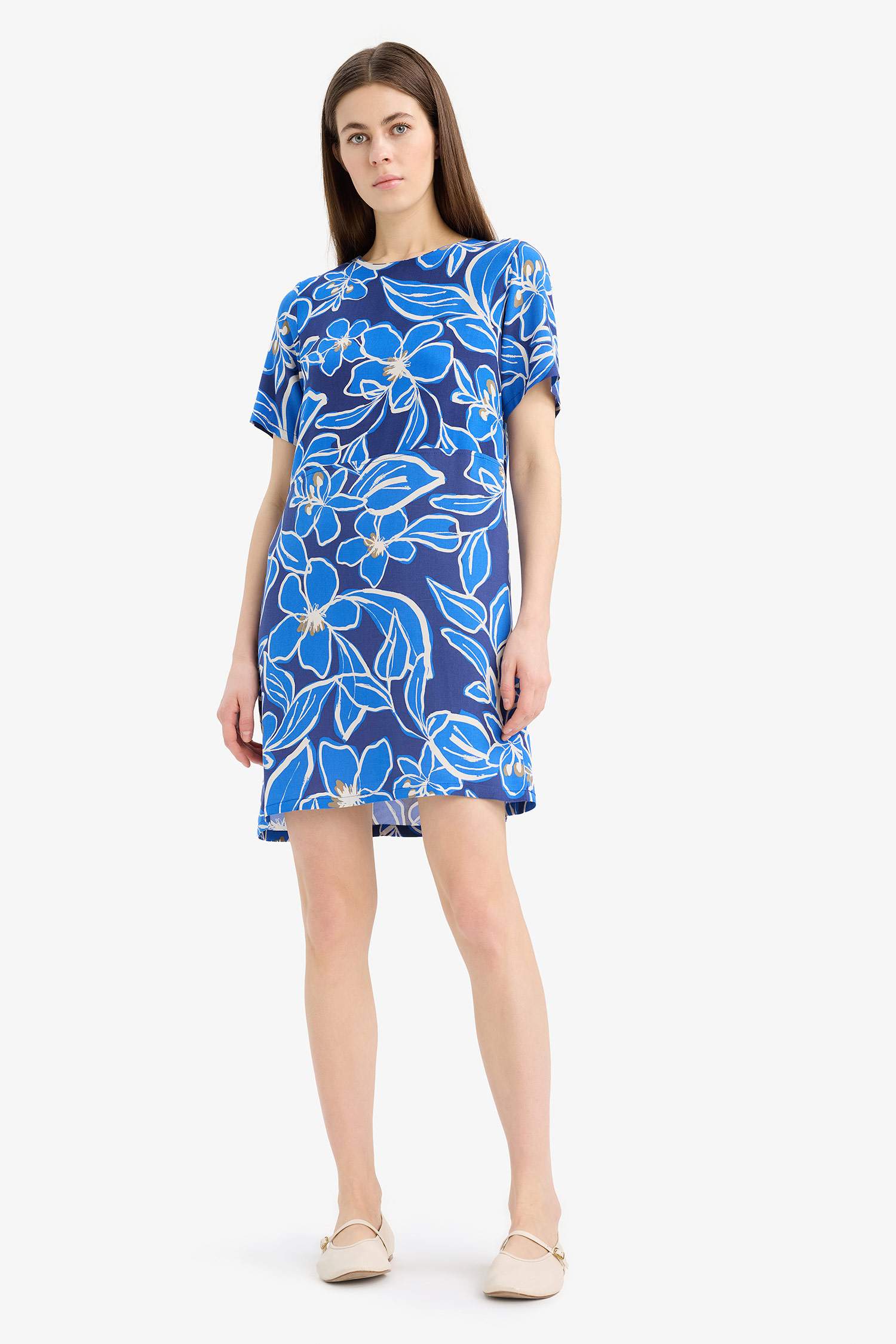 Crew Neck Floral Patterned Short Sleeve Mini Dress