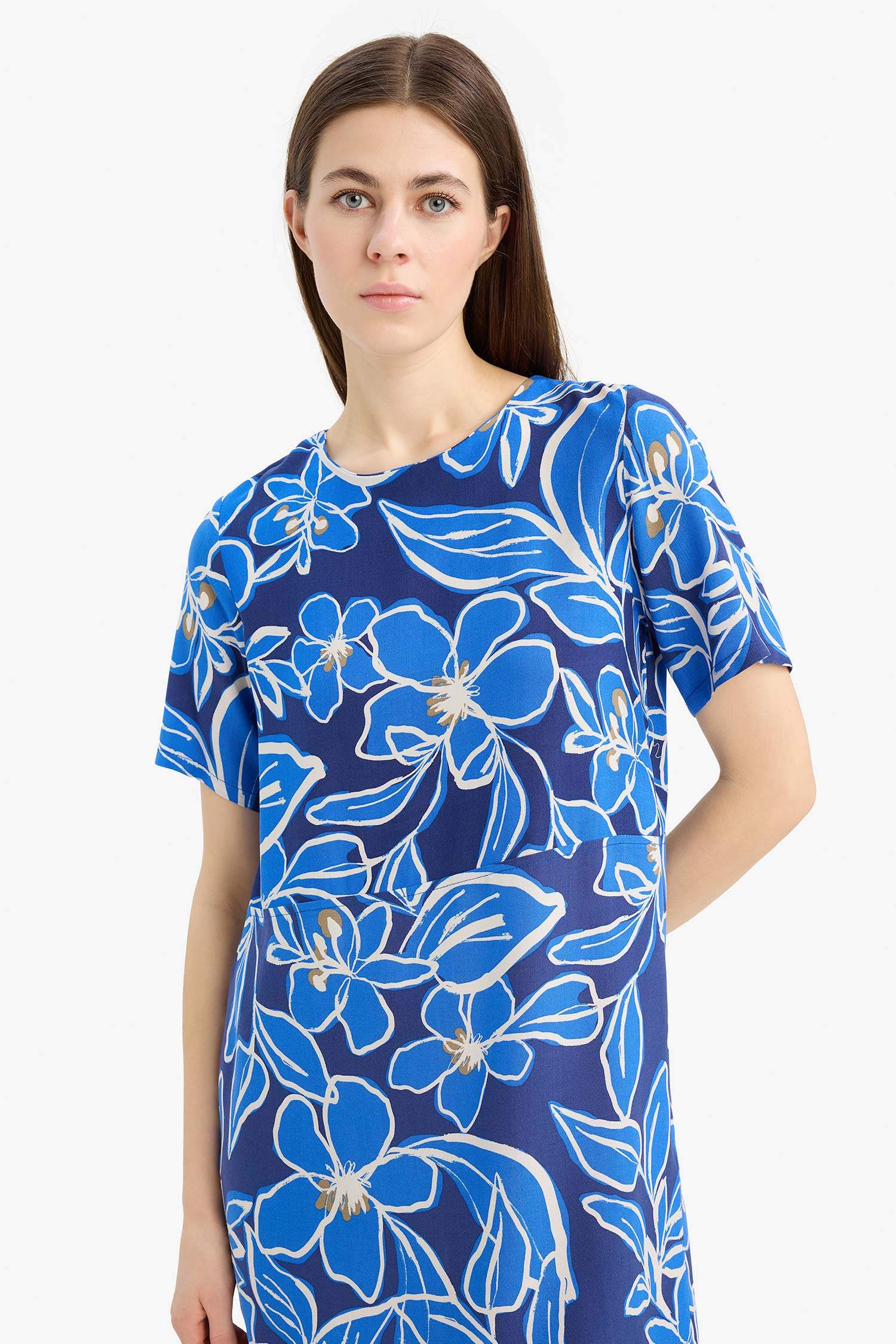 Crew Neck Floral Patterned Short Sleeve Mini Dress