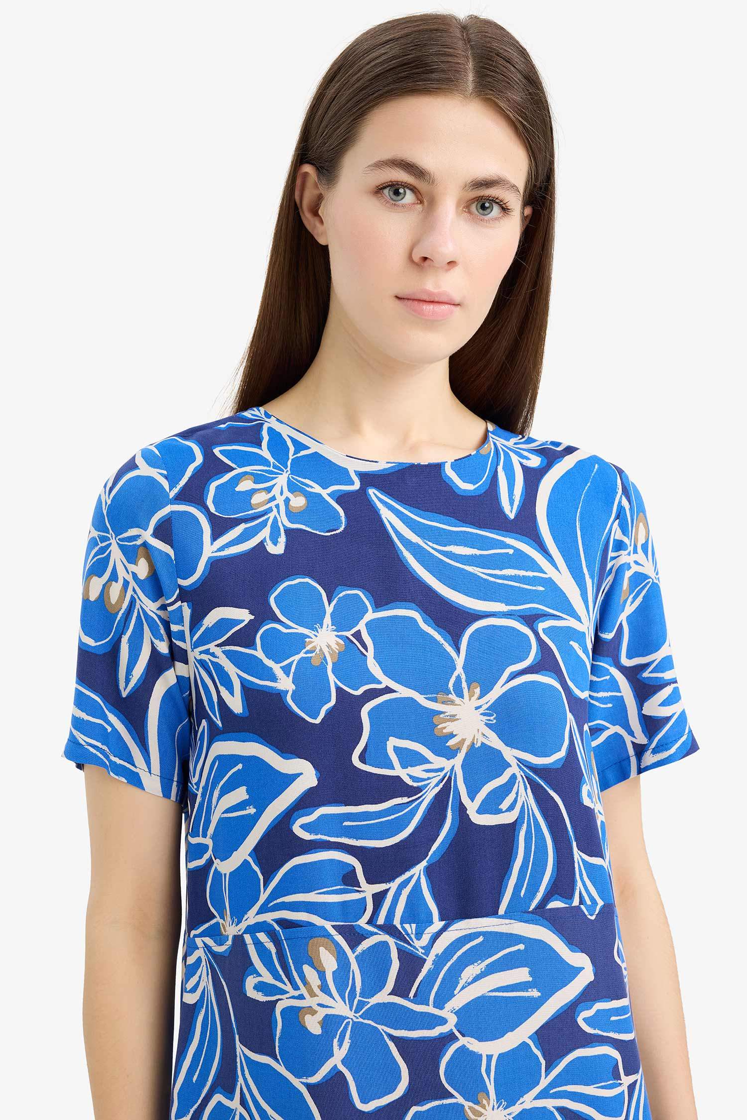 Crew Neck Floral Patterned Short Sleeve Mini Dress