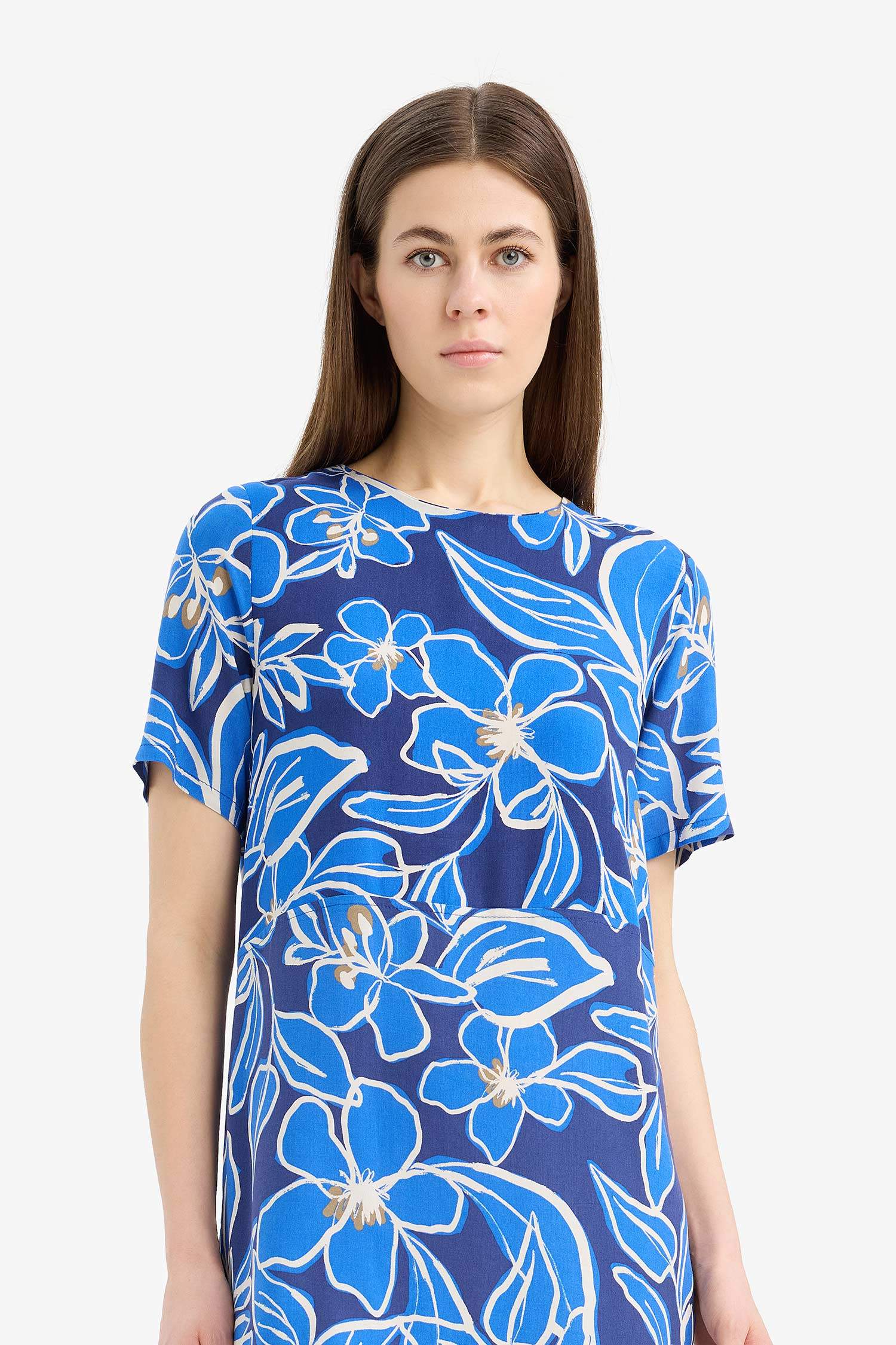 Crew Neck Floral Patterned Short Sleeve Mini Dress