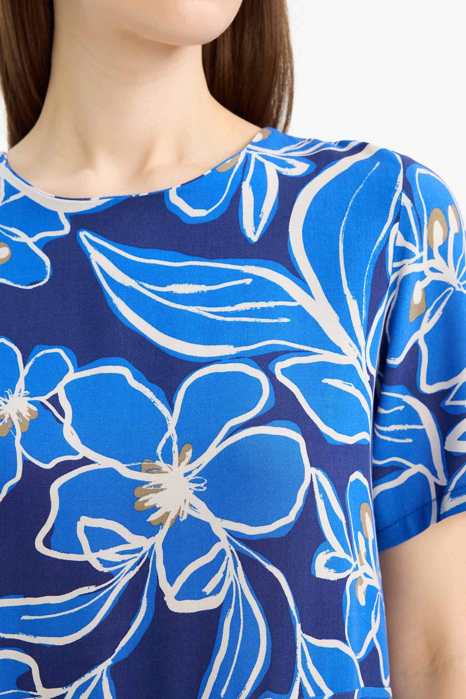 Crew Neck Floral Patterned Short Sleeve Mini Dress