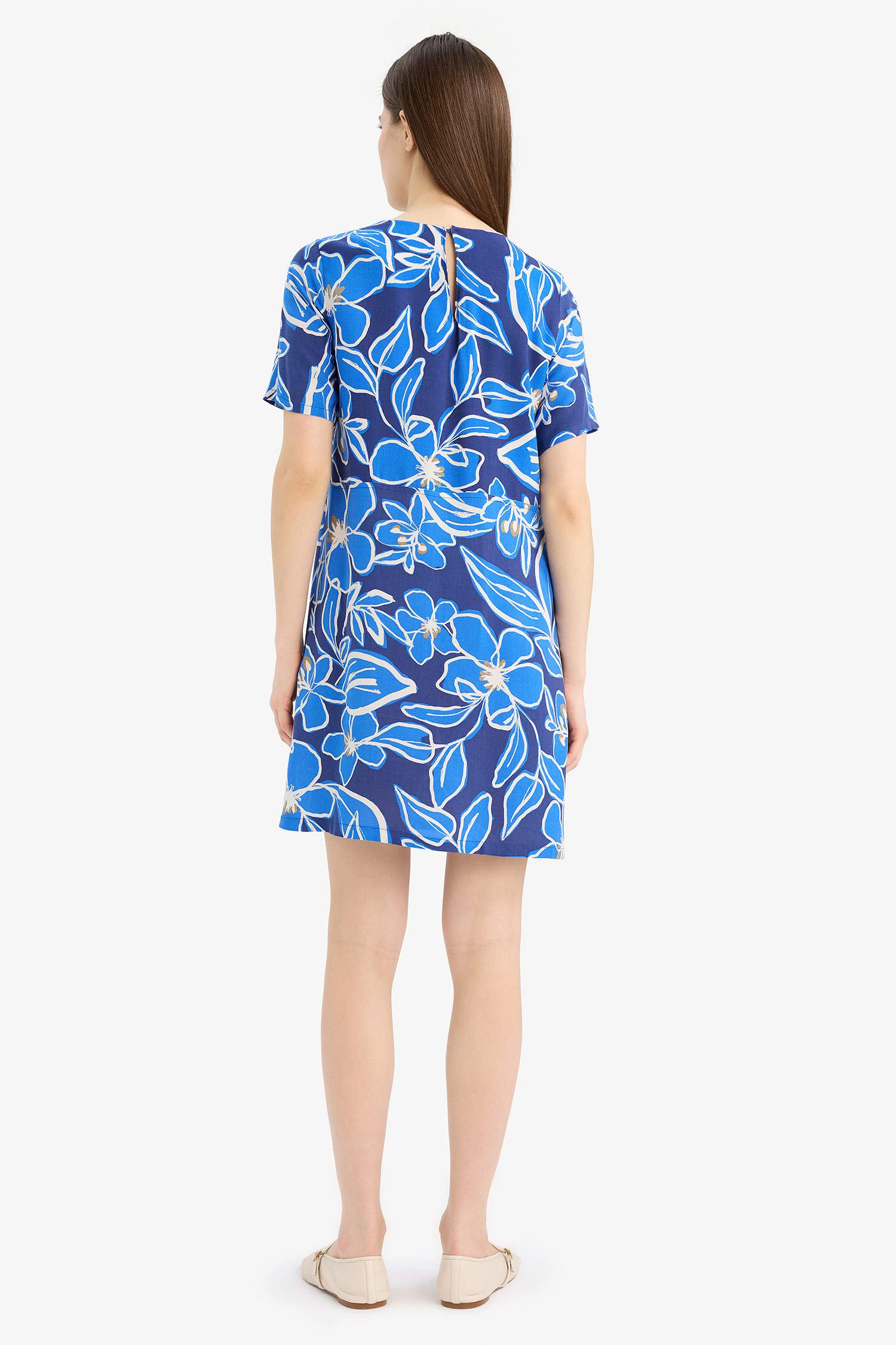 Crew Neck Floral Patterned Short Sleeve Mini Dress