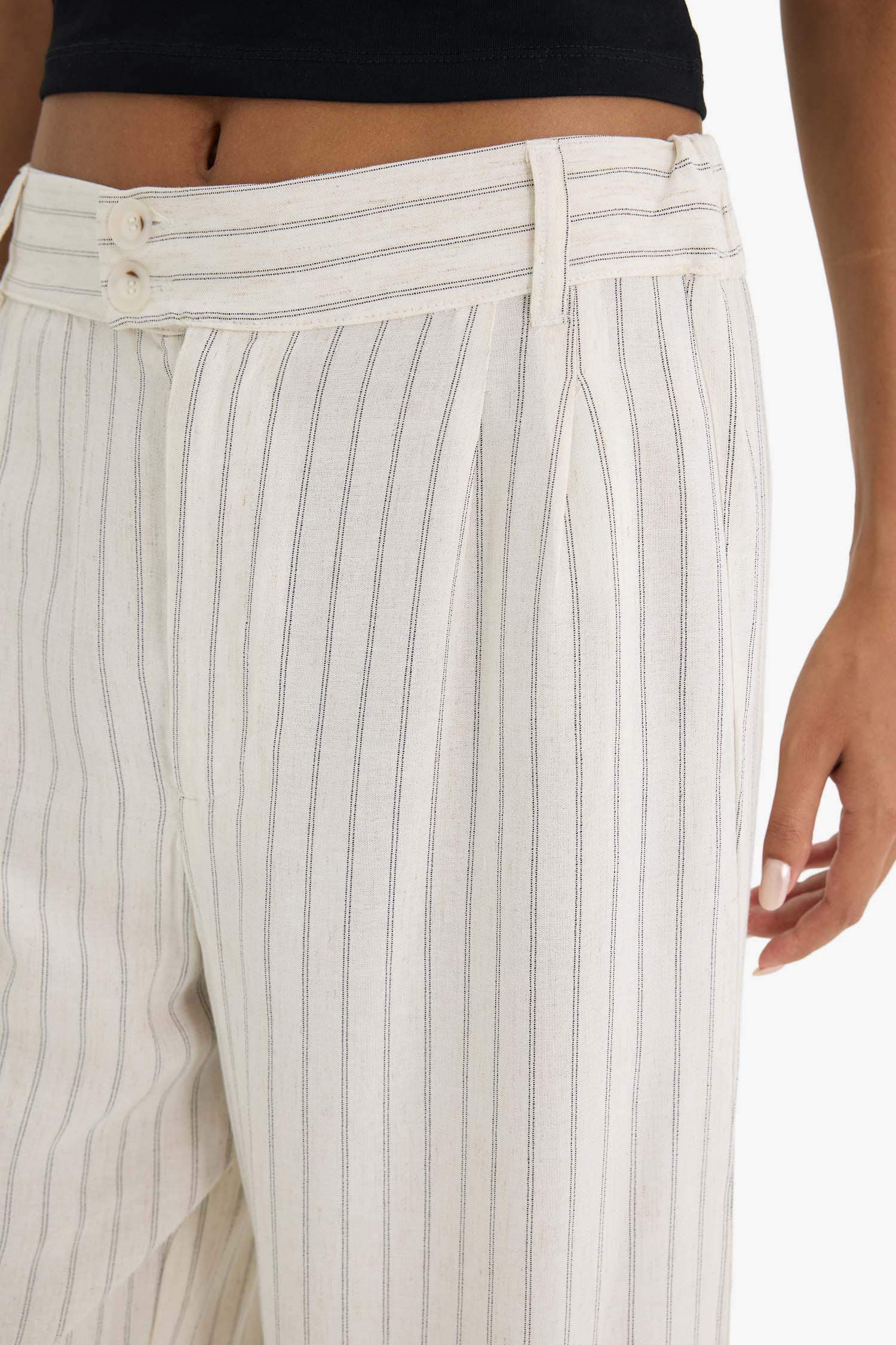 Culotte Yüksek Bel Geniş Paça Pensli Keten Karışımlı Pantolon