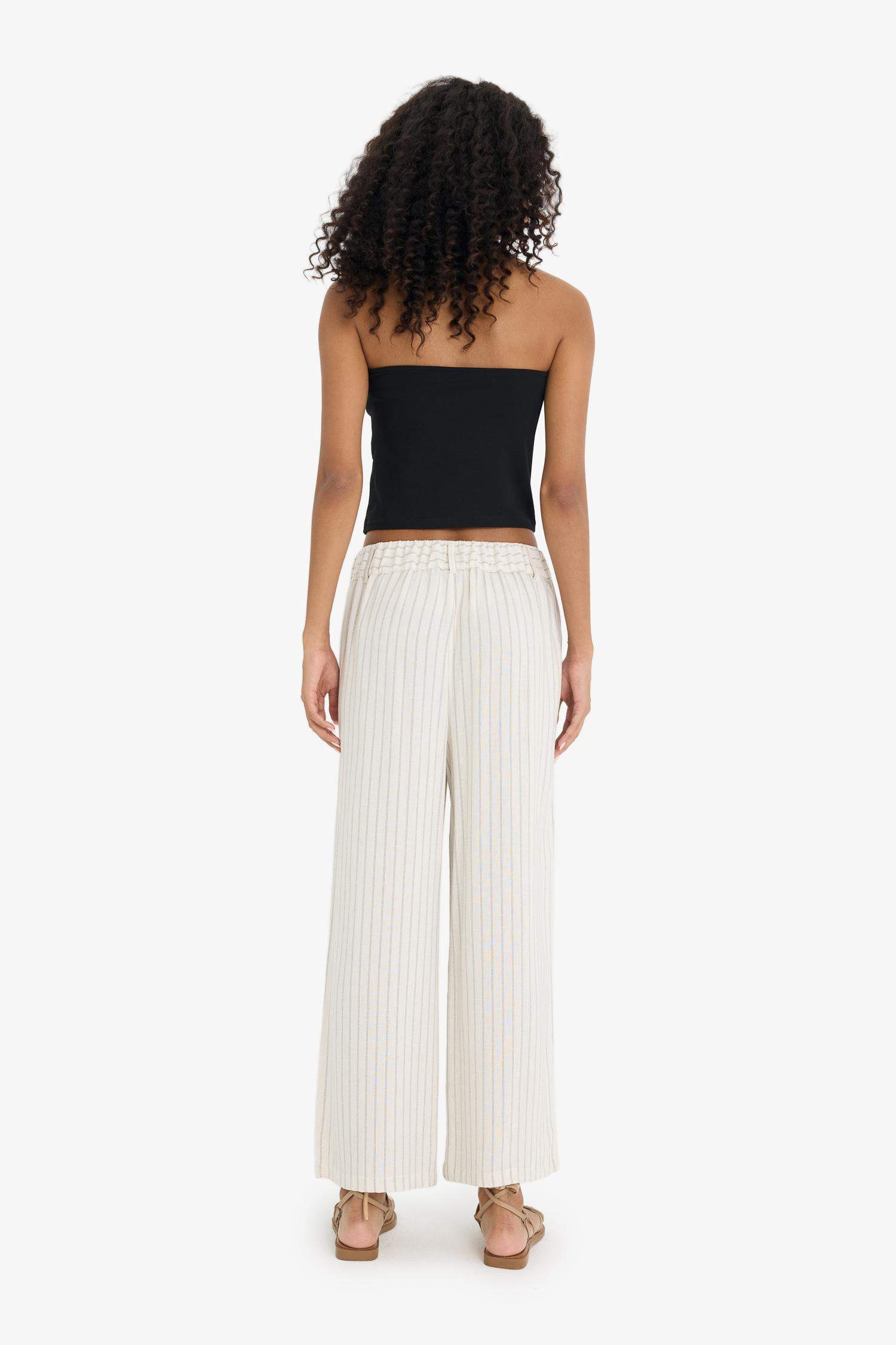 Culotte Yüksek Bel Geniş Paça Pensli Keten Karışımlı Pantolon