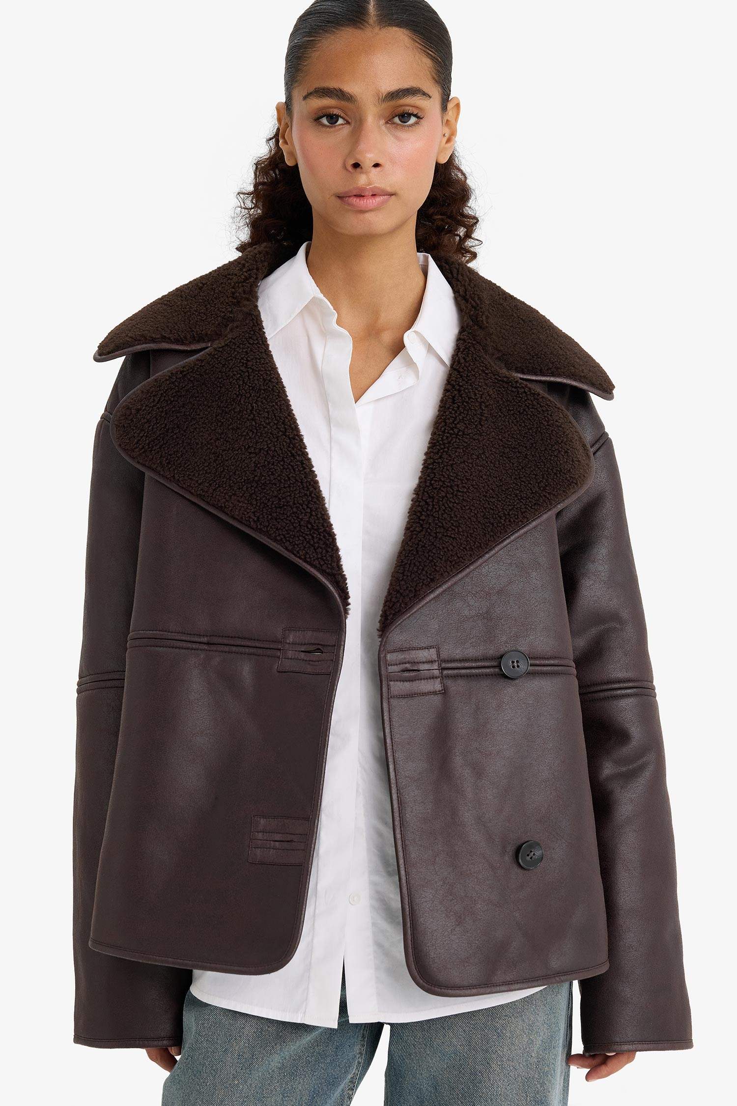 Regular Fit Faux Fur Lined Faux Leather Jacket
