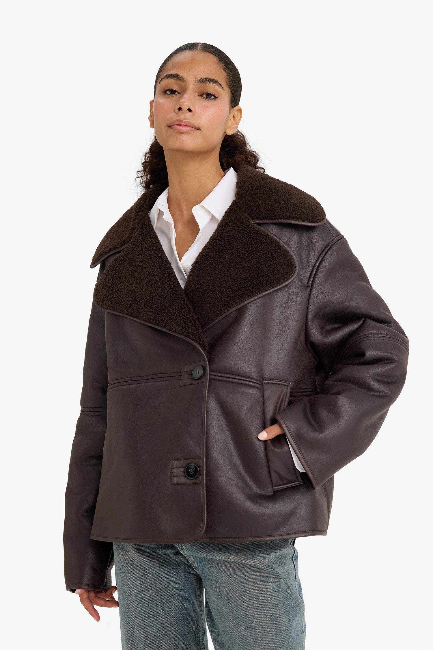 Regular Fit Faux Fur Lined Faux Leather Jacket