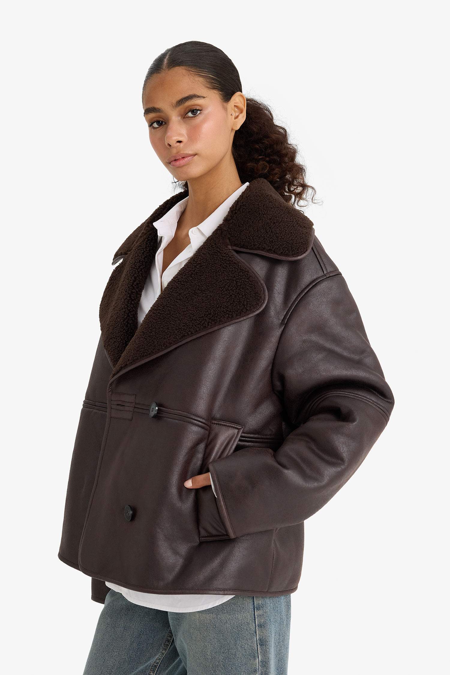 Regular Fit Faux Fur Lined Faux Leather Jacket