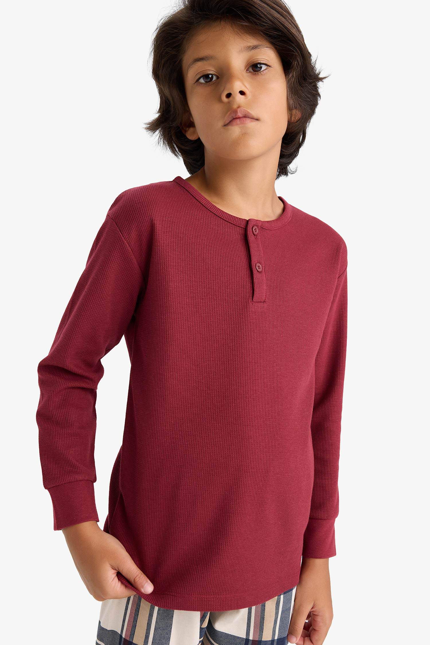 سيت بجامة ولادي كاروهات وافل قصة عادية ردن طويل - قطعتين