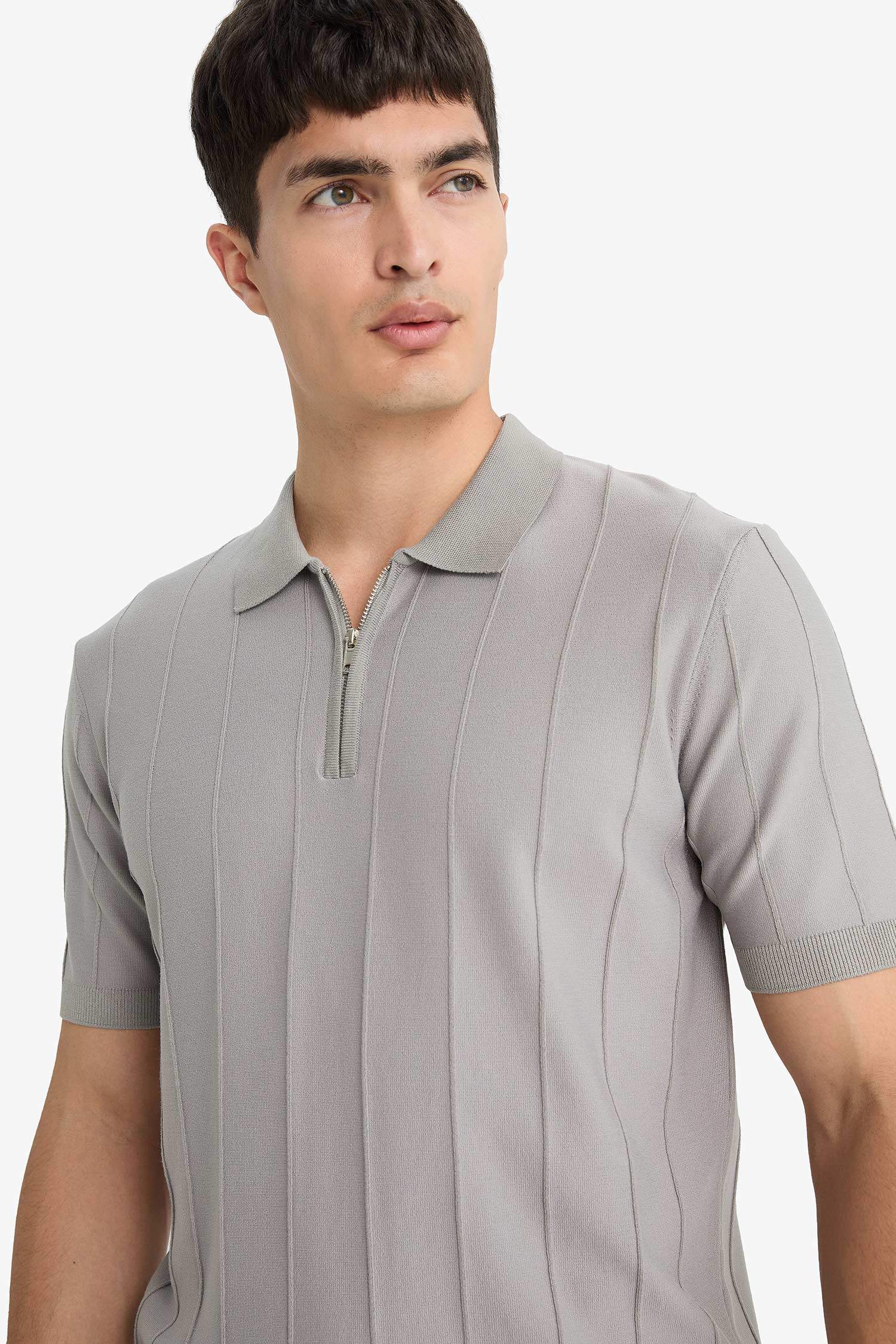 Standart Fit Polo Yaka Yarım Fermuarlı Triko Kısa Kollu Tişört