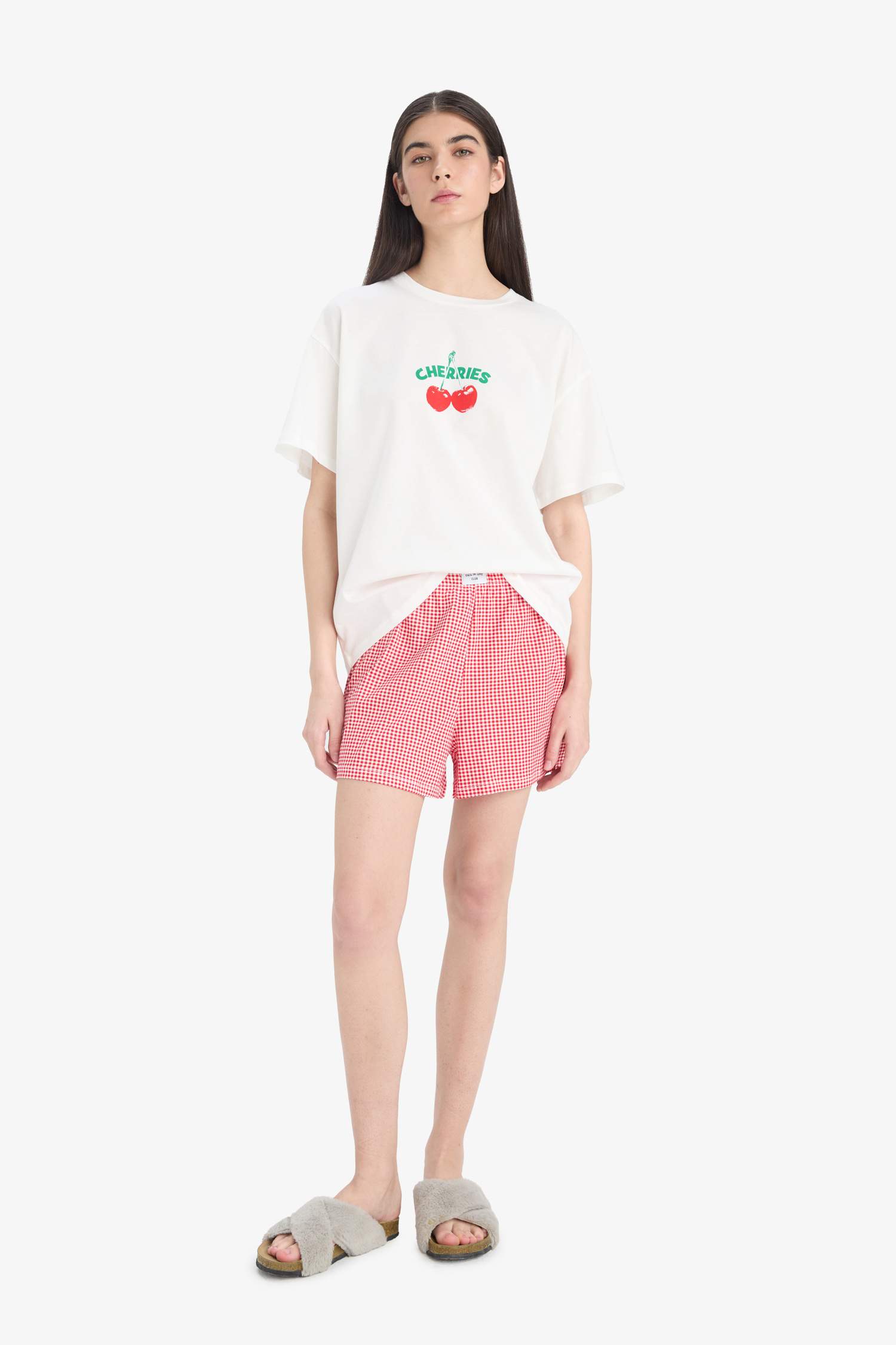 Regular Fit Pijama Takımı Kısa Kollu Baskılı Üst Beli Lastikli Şort-Fall in Love