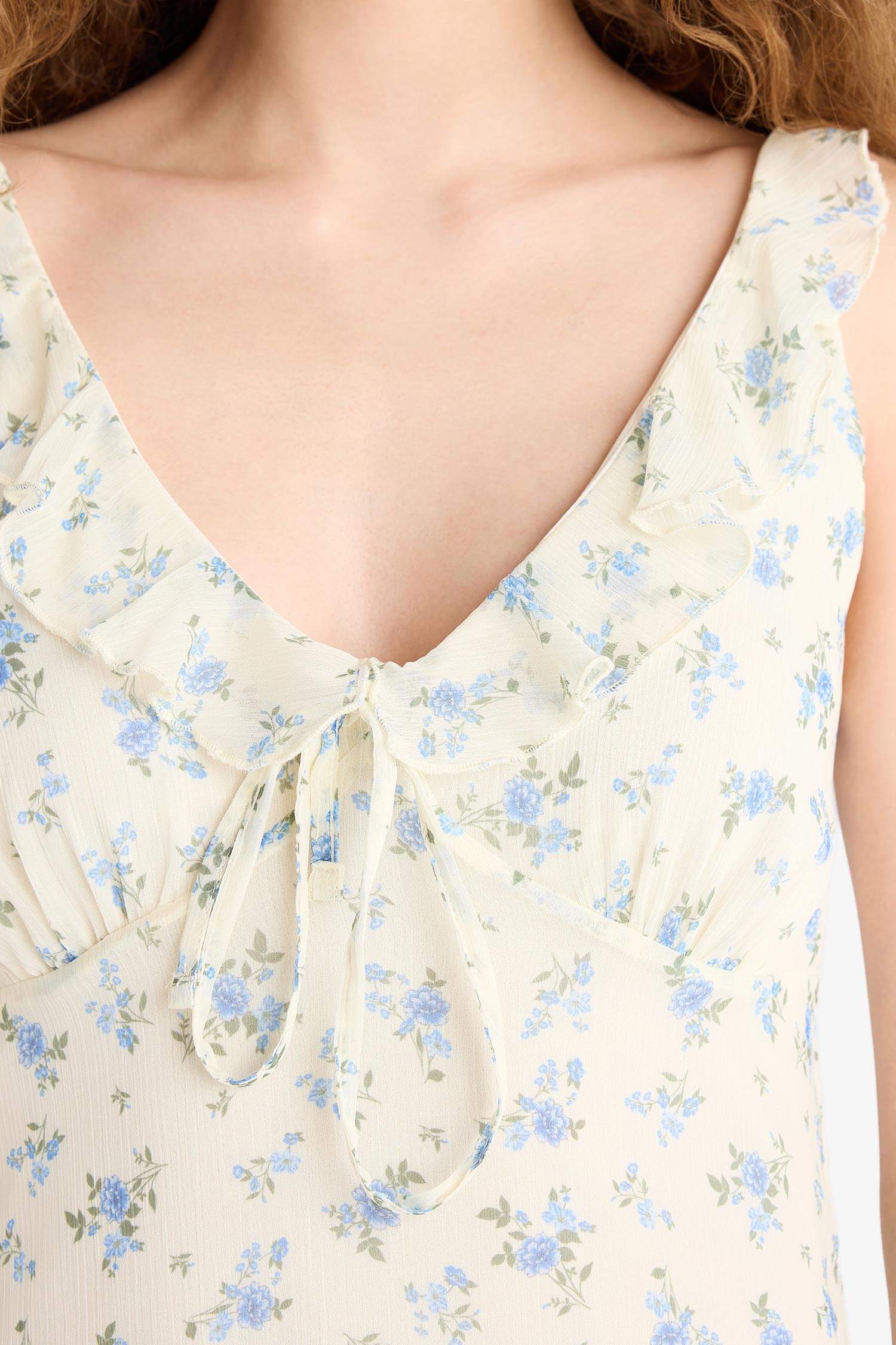 Платье-миди без рукавов из шифона с V-образным вырезом и цветочным узором