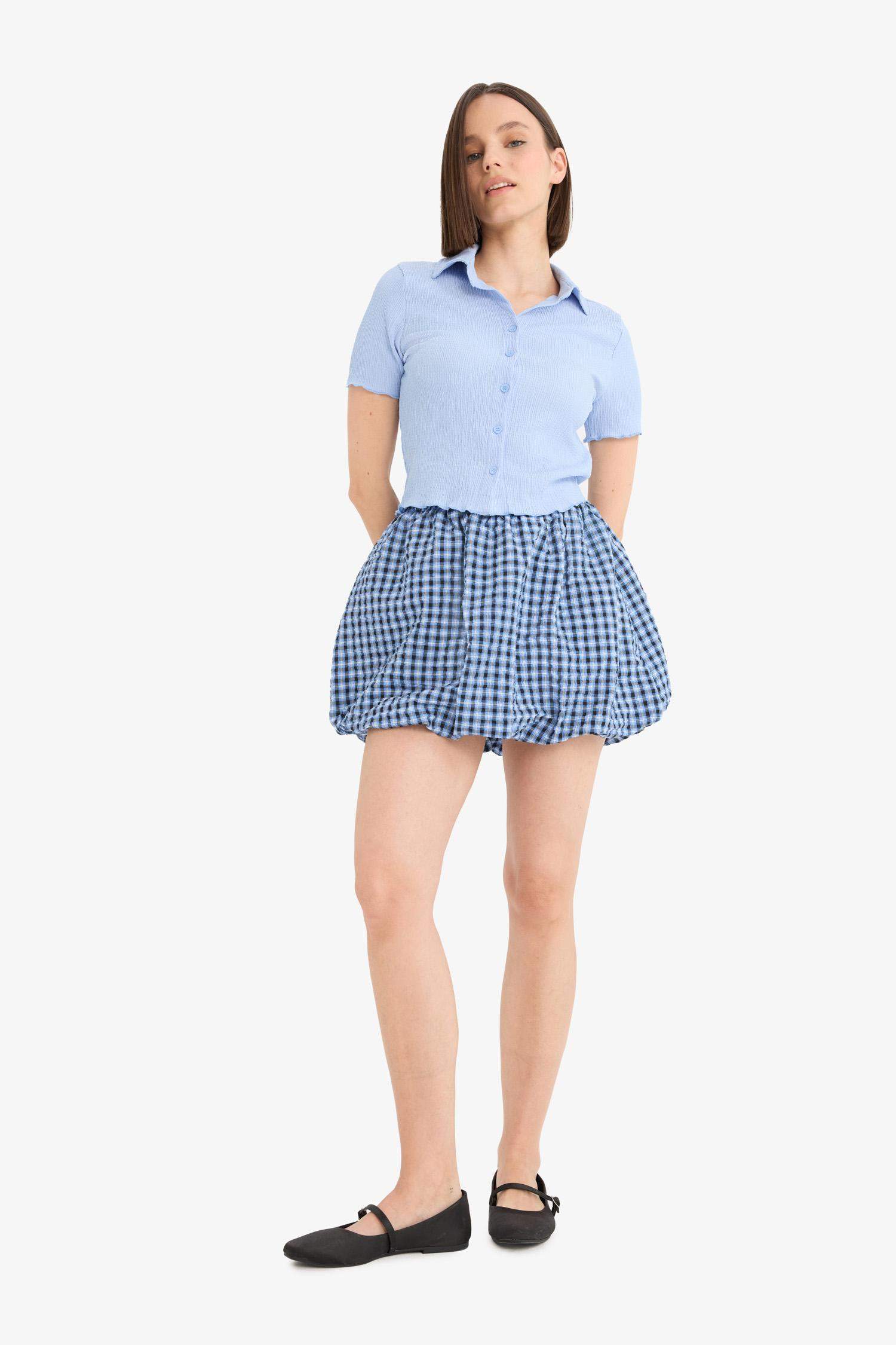 Coool Balloon Fit Kareli Normal Bel Tafta Mini Etek