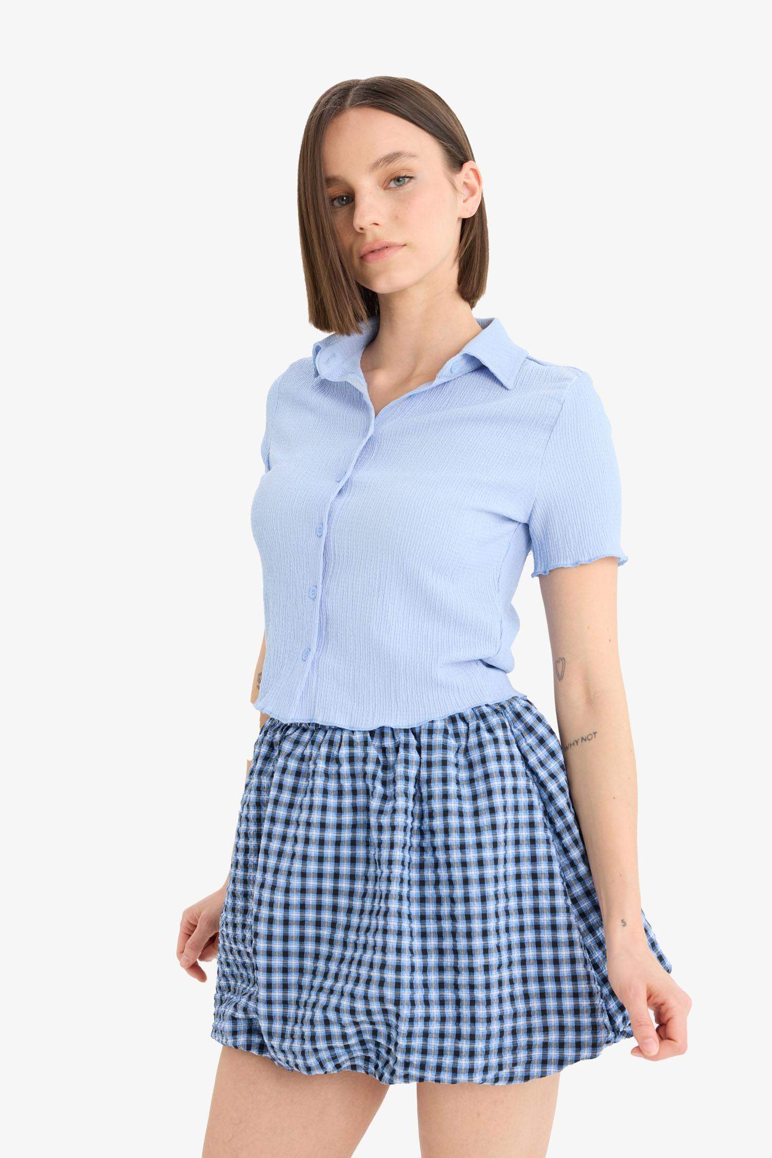 Coool Balloon Fit Kareli Normal Bel Tafta Mini Etek