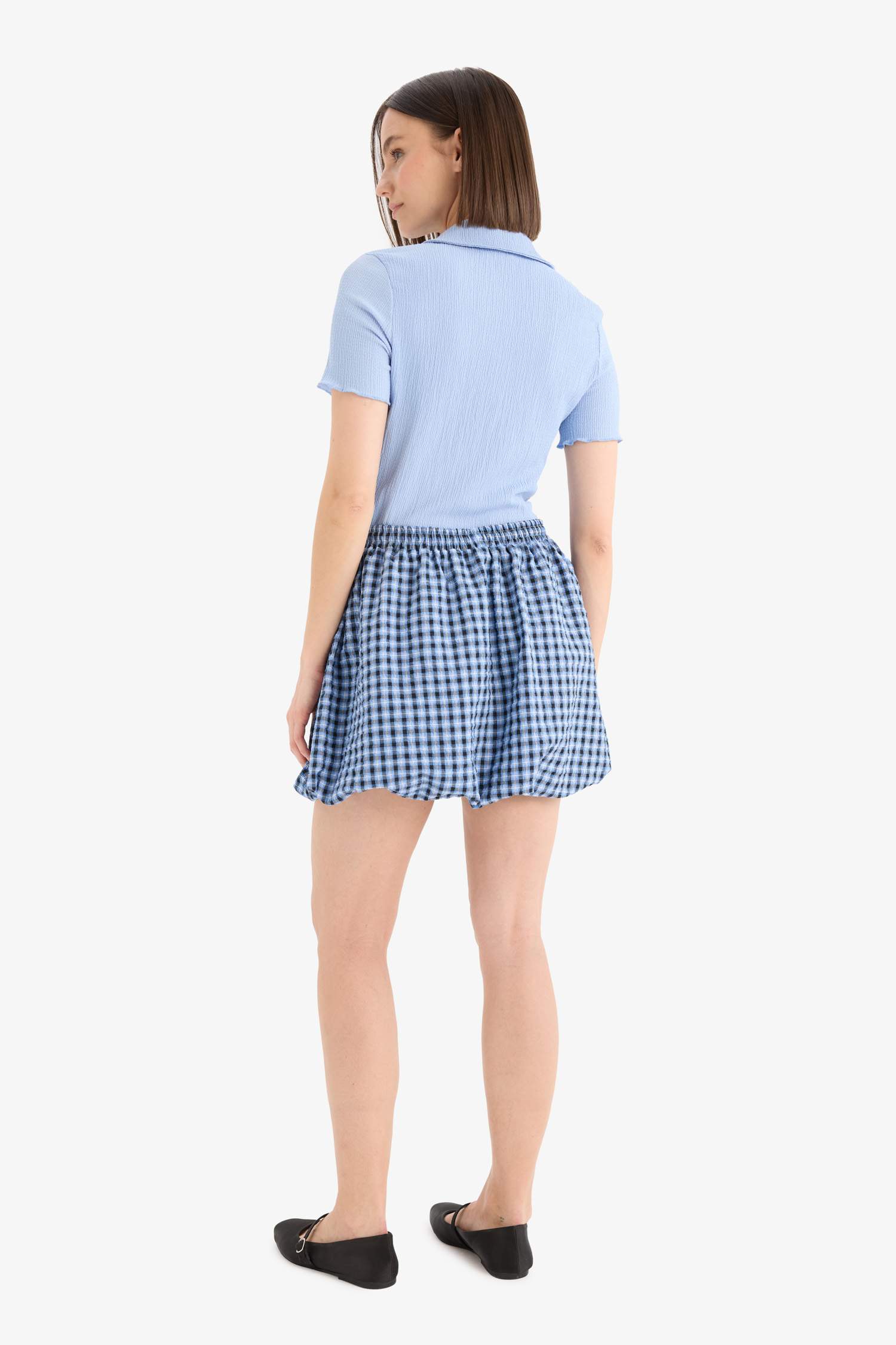 Coool Balloon Fit Kareli Normal Bel Tafta Mini Etek