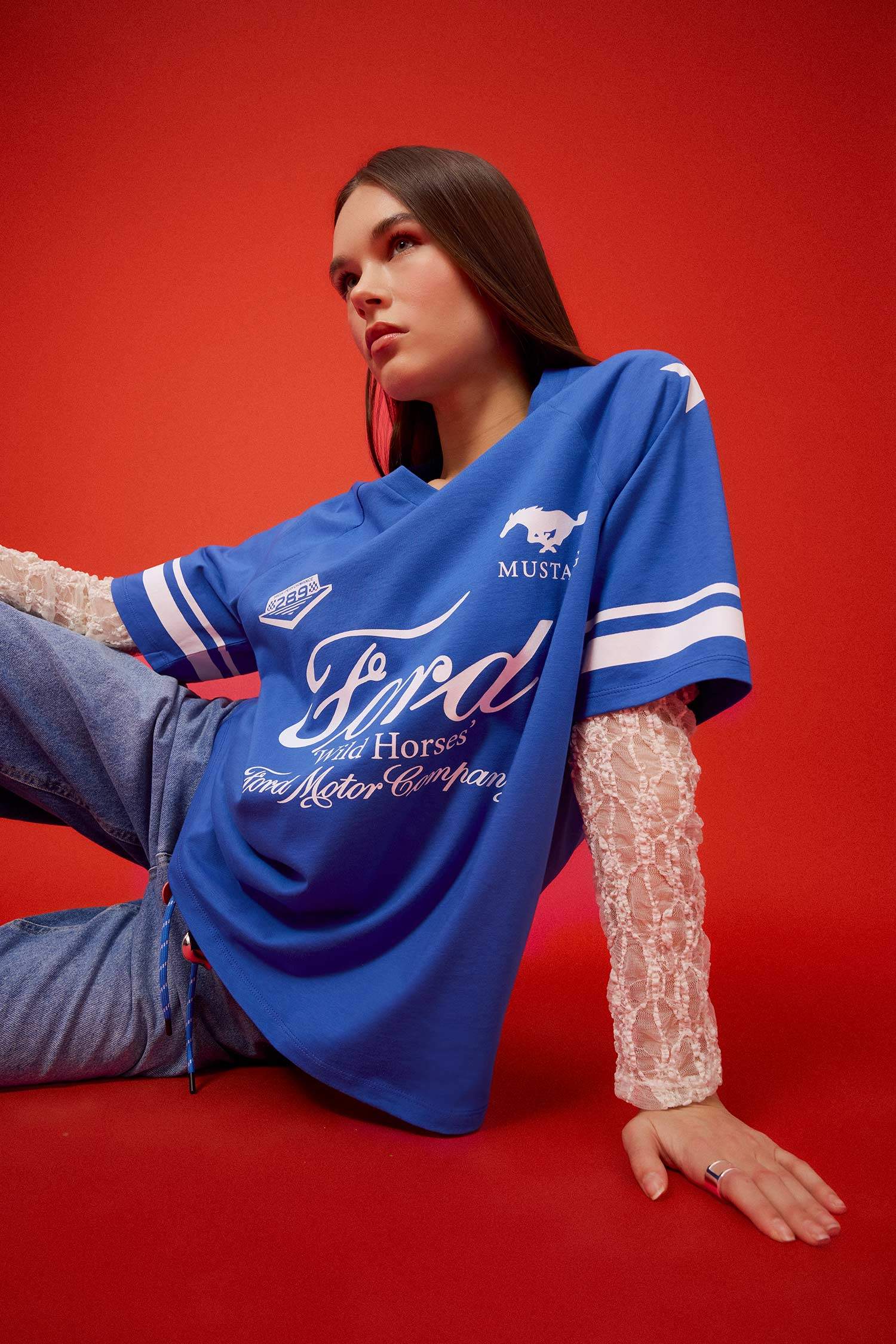 Coool Ford Motor Company Oversize Geniş Kalıp V Yaka Baskılı Kısa Kollu Tişört