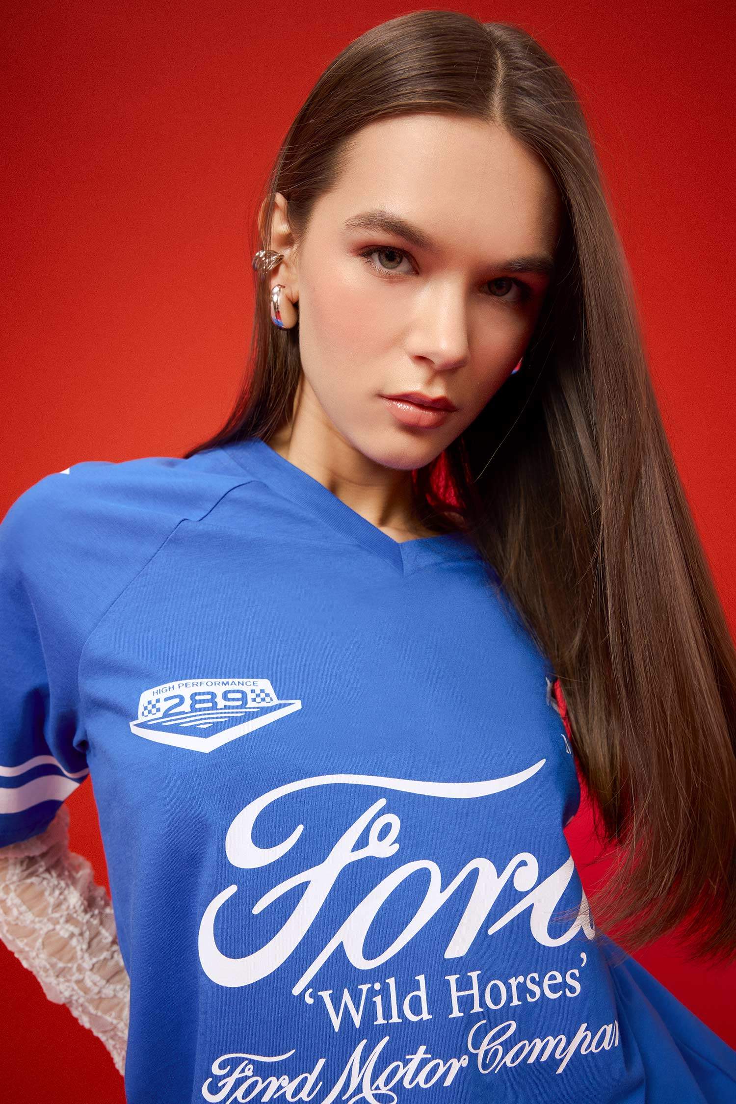 Coool Ford Motor Company Oversize Geniş Kalıp V Yaka Baskılı Kısa Kollu Tişört