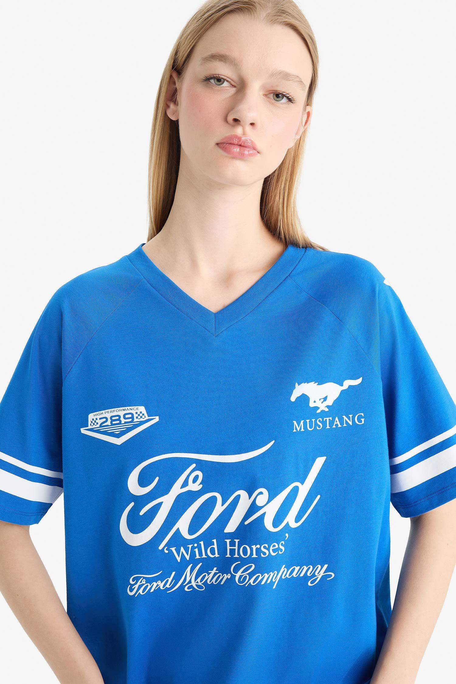 Coool Ford Motor Company Oversize Geniş Kalıp V Yaka Baskılı Kısa Kollu Tişört