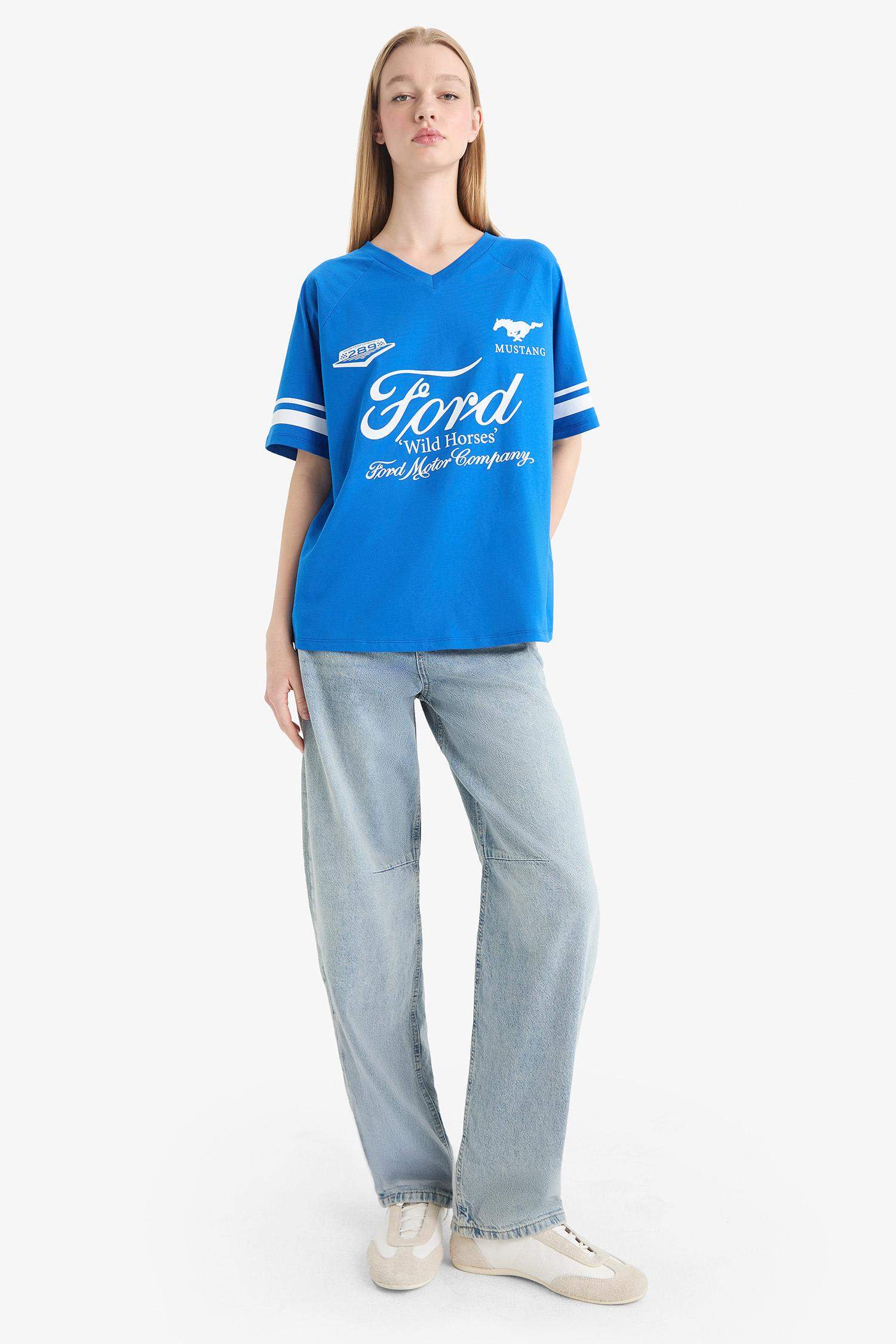 Coool Ford Motor Company Oversize Geniş Kalıp V Yaka Baskılı Kısa Kollu Tişört