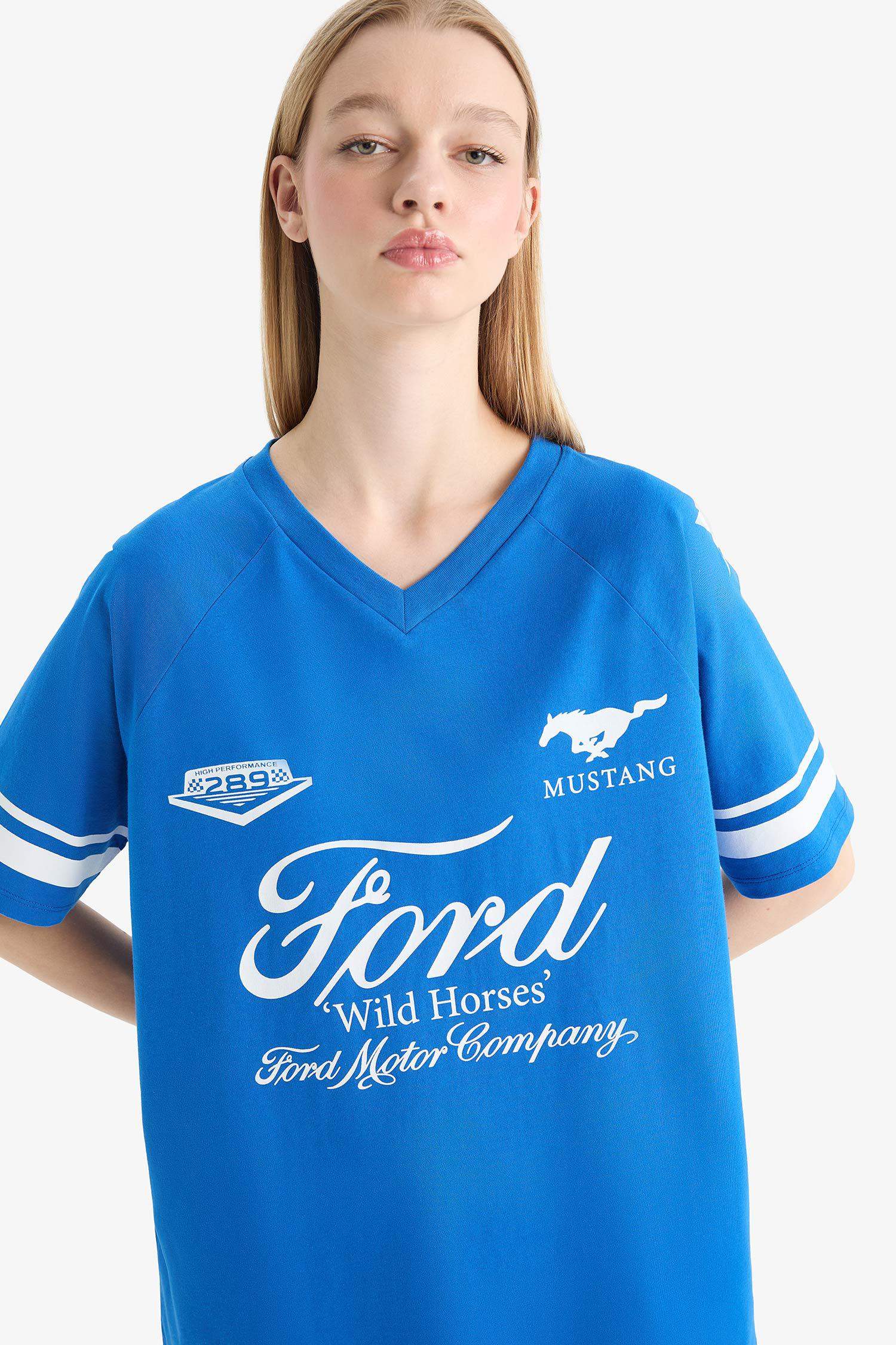 Coool Ford Motor Company Oversize Geniş Kalıp V Yaka Baskılı Kısa Kollu Tişört