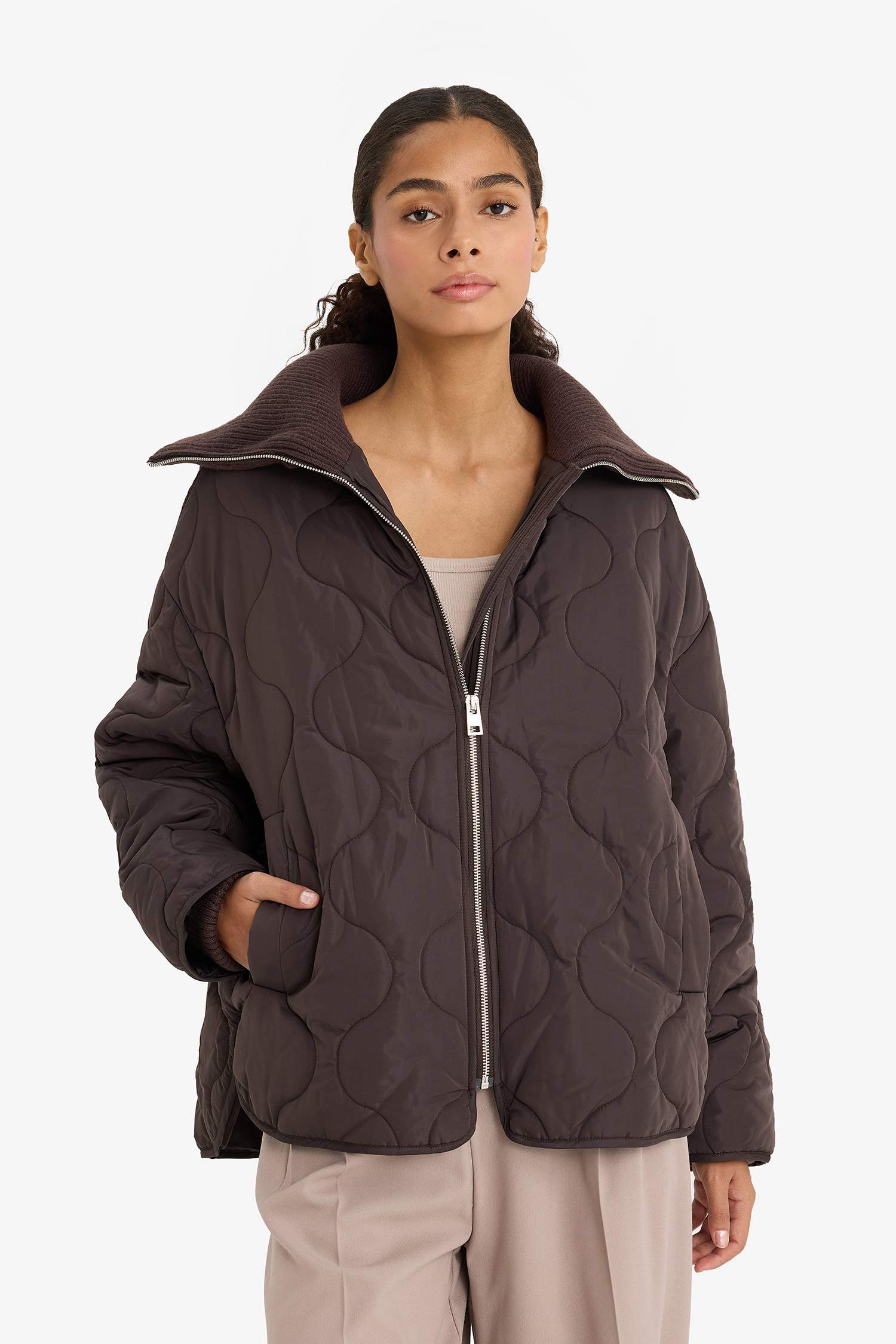 Su Geçirmez Regular Fit Kapitoneli Fermuarlı Mont