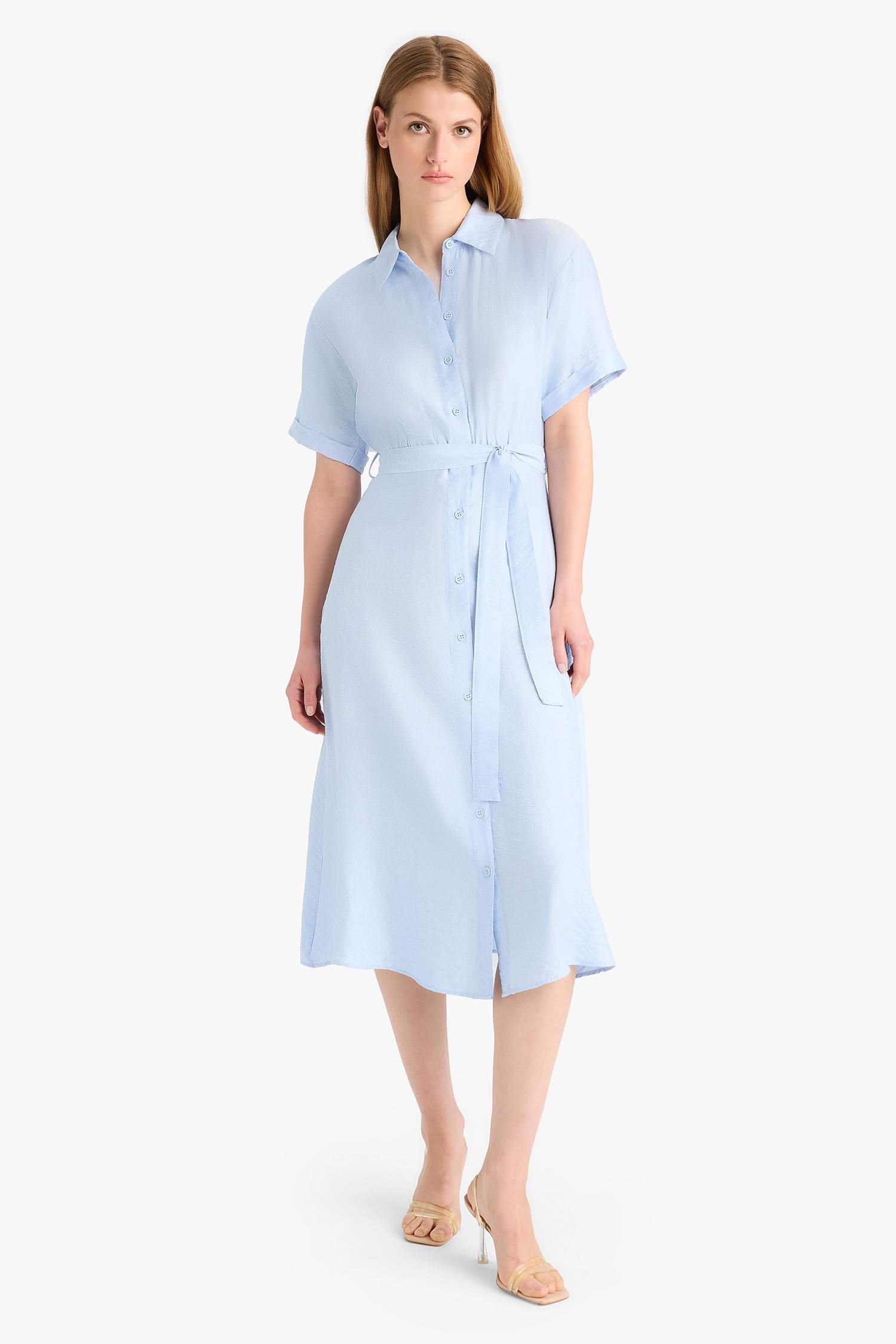 Shirt Collar Belted Short Sleeve Midi Dress