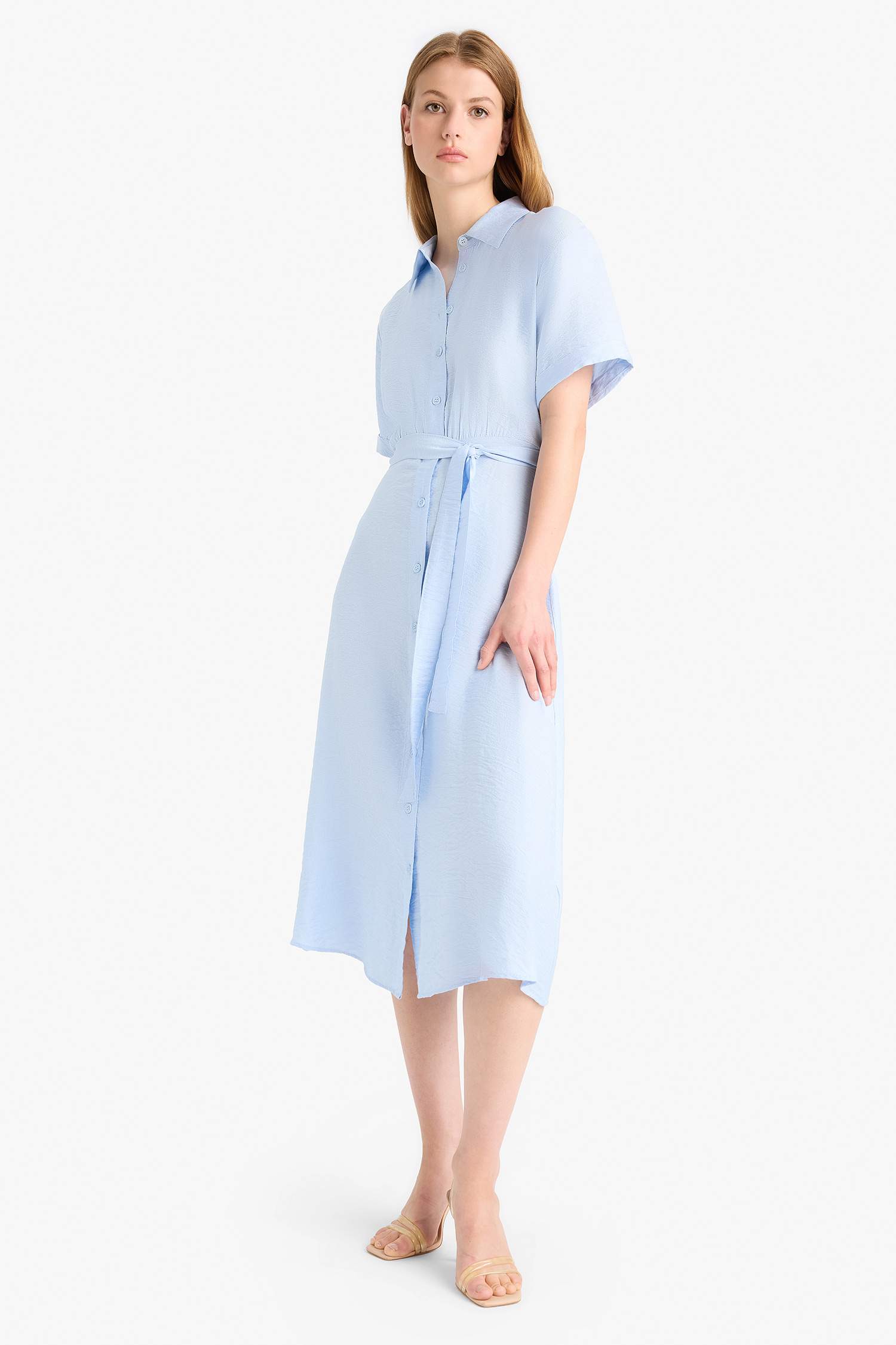 Shirt Collar Belted Short Sleeve Midi Dress