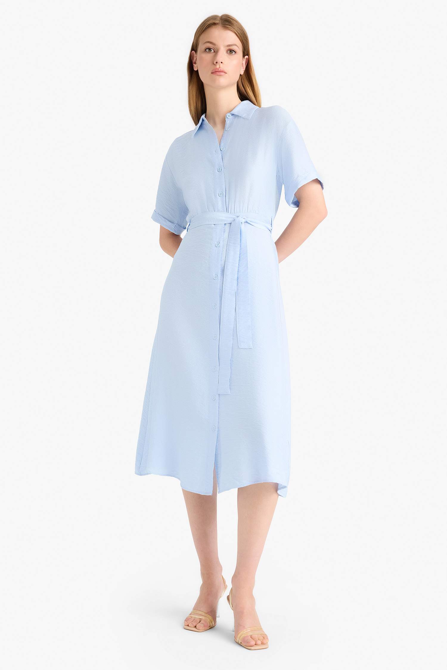 Shirt Collar Belted Short Sleeve Midi Dress