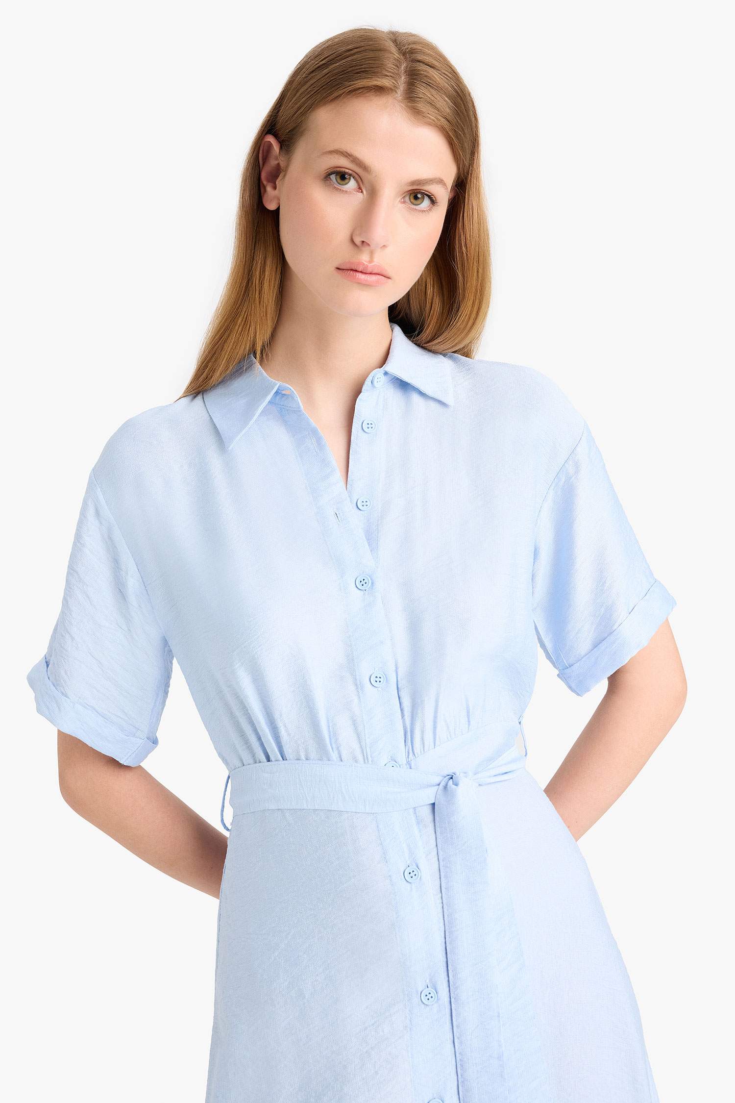 Shirt Collar Belted Short Sleeve Midi Dress