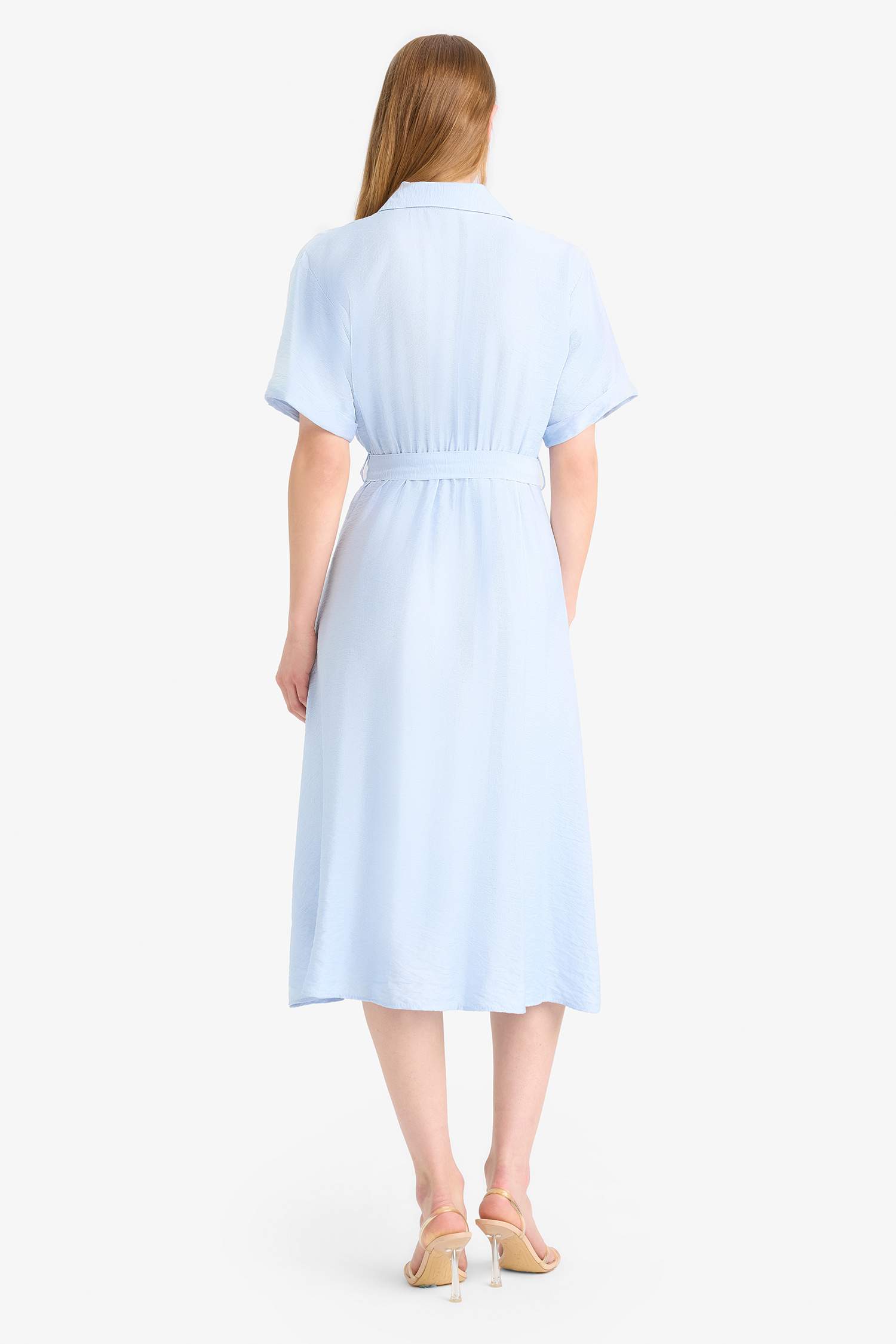 Shirt Collar Belted Short Sleeve Midi Dress