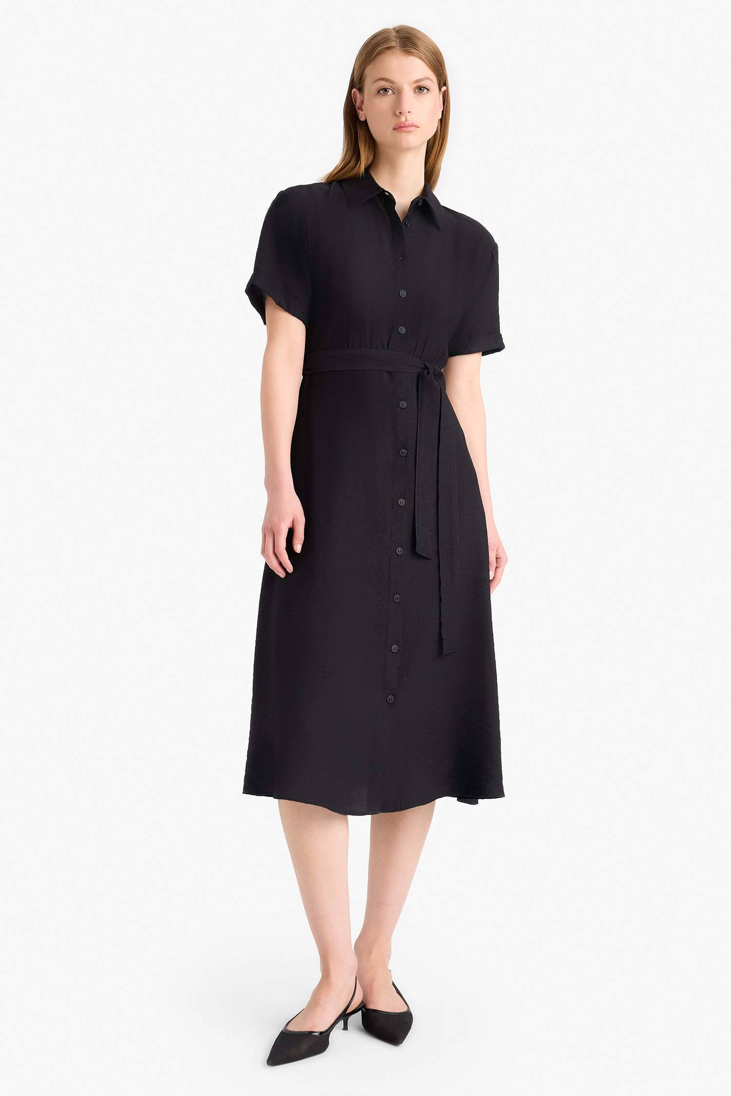 Gömlek Yaka Kuşaklı Kısa Kollu Midi Siyah Yazlık Elbise