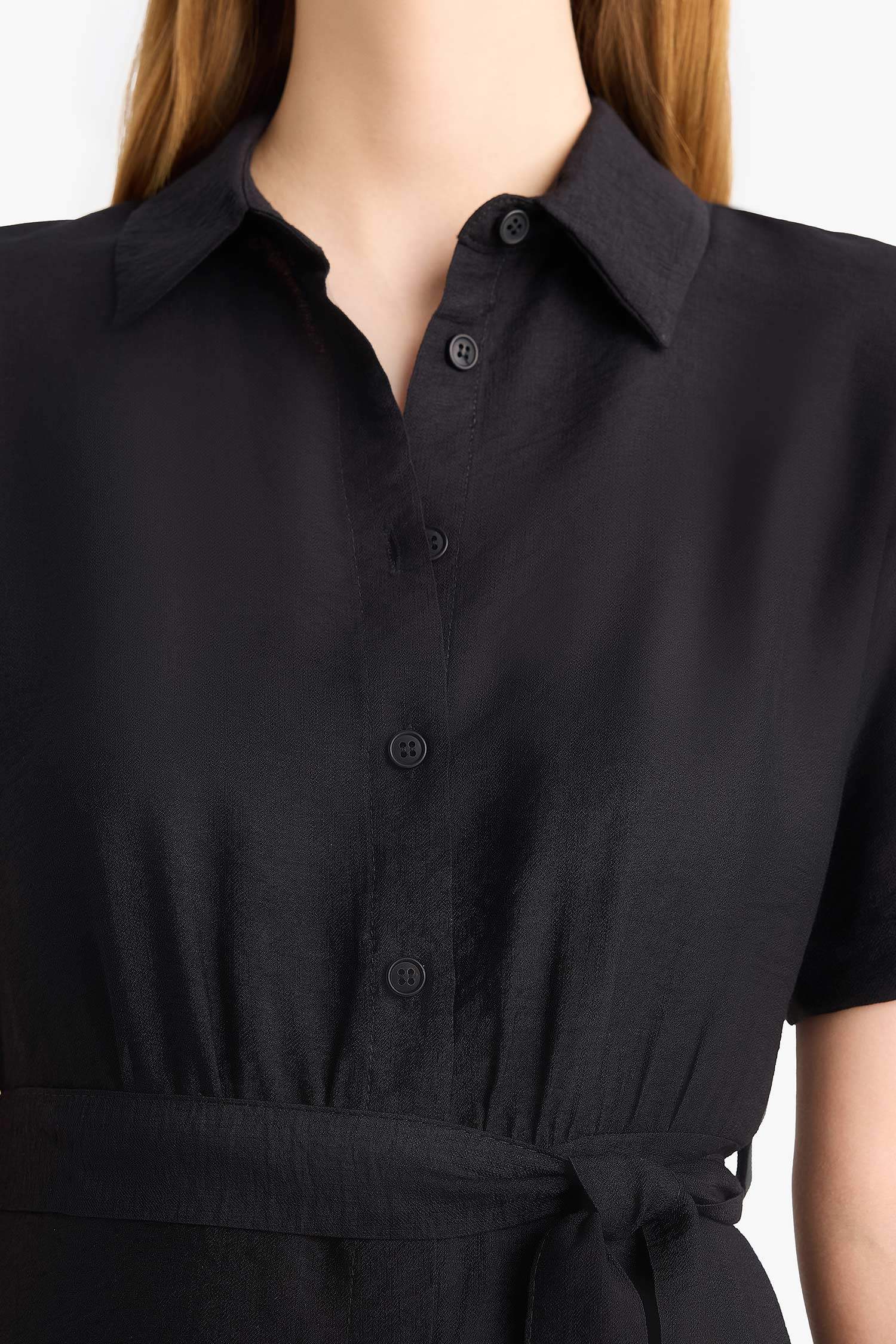 Gömlek Yaka Kuşaklı Kısa Kollu Midi Siyah Yazlık Elbise