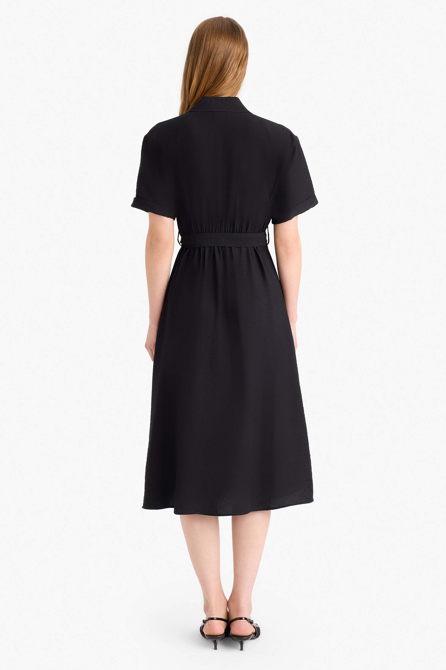 Gömlek Yaka Kuşaklı Kısa Kollu Midi Siyah Yazlık Elbise