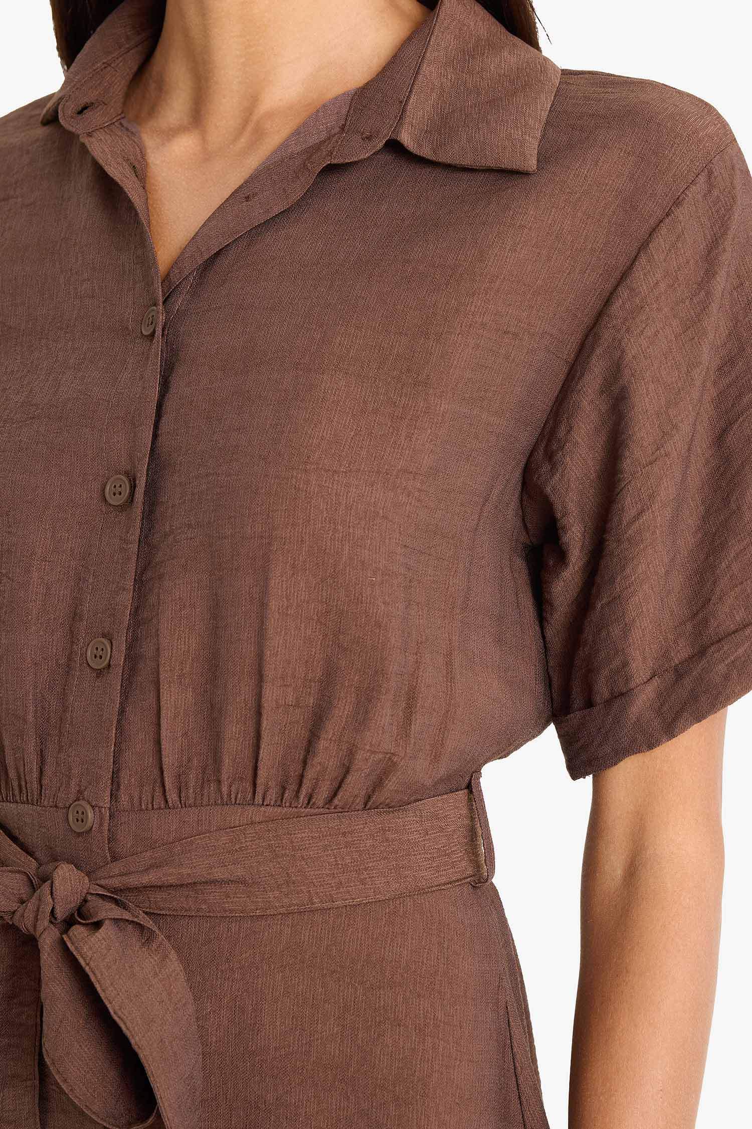 Gömlek Yaka Kuşaklı Kısa Kollu Midi Yazlık Elbise