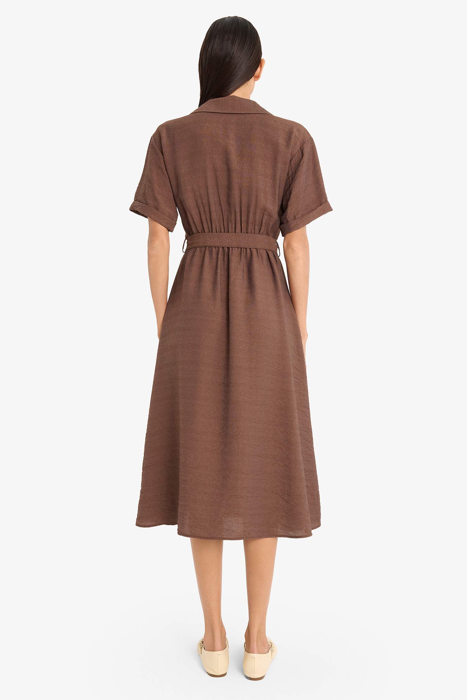 Gömlek Yaka Kuşaklı Kısa Kollu Midi Yazlık Elbise