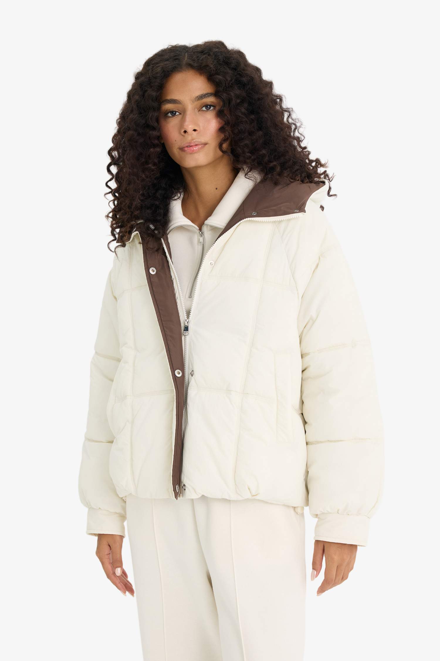 Regular Fit Kapüşonlu Fermuarlı Kısa Şişme Mont