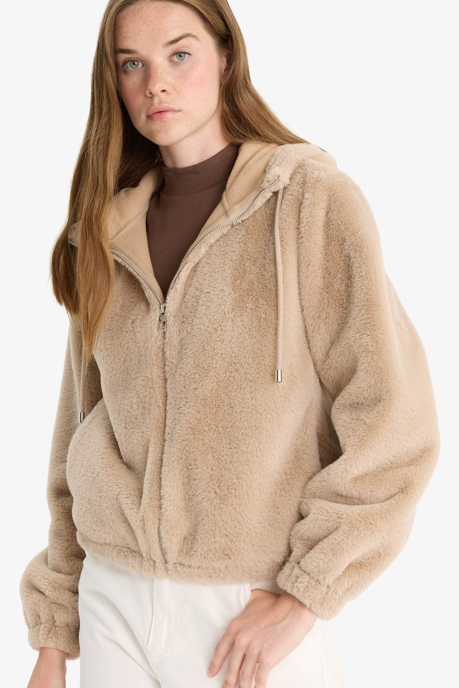 Regular Fit Polar Astarlı Kapüşonlu Fermuarlı Suni Kürk