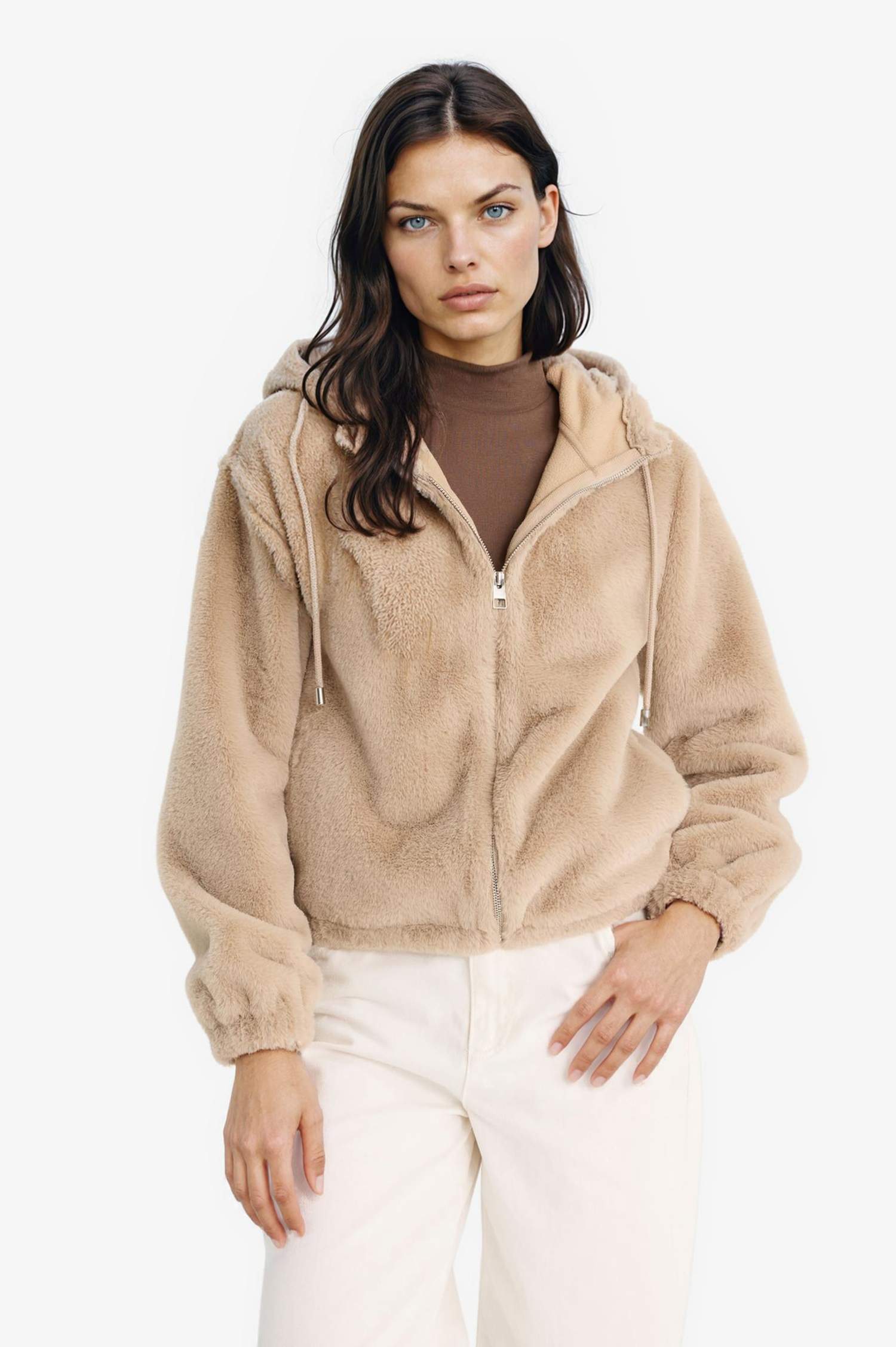 Regular Fit Polar Astarlı Kapüşonlu Fermuarlı Suni Kürk