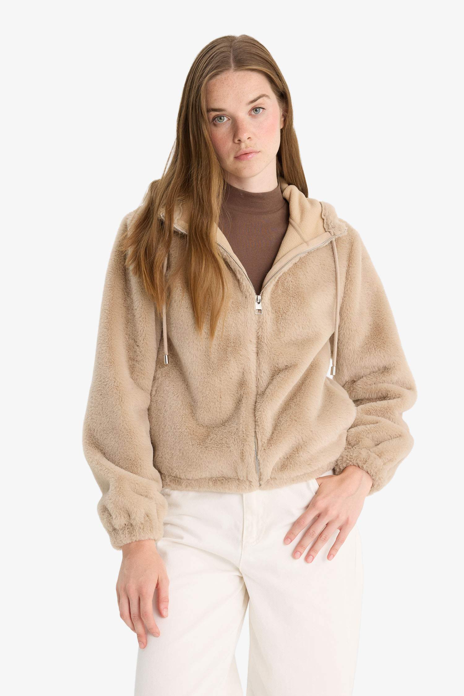 Regular Fit Polar Astarlı Kapüşonlu Fermuarlı Suni Kürk