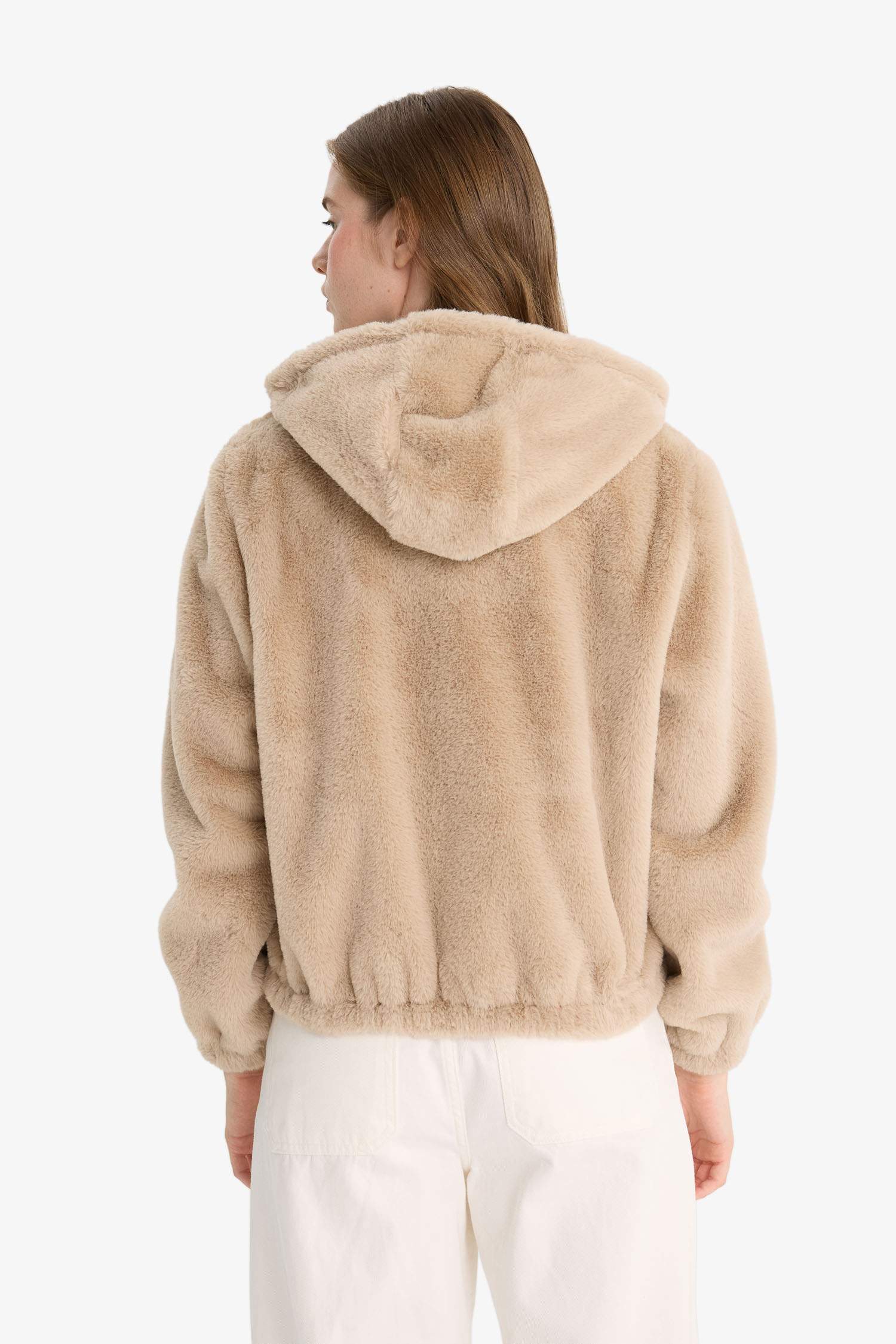 Regular Fit Polar Astarlı Kapüşonlu Fermuarlı Suni Kürk